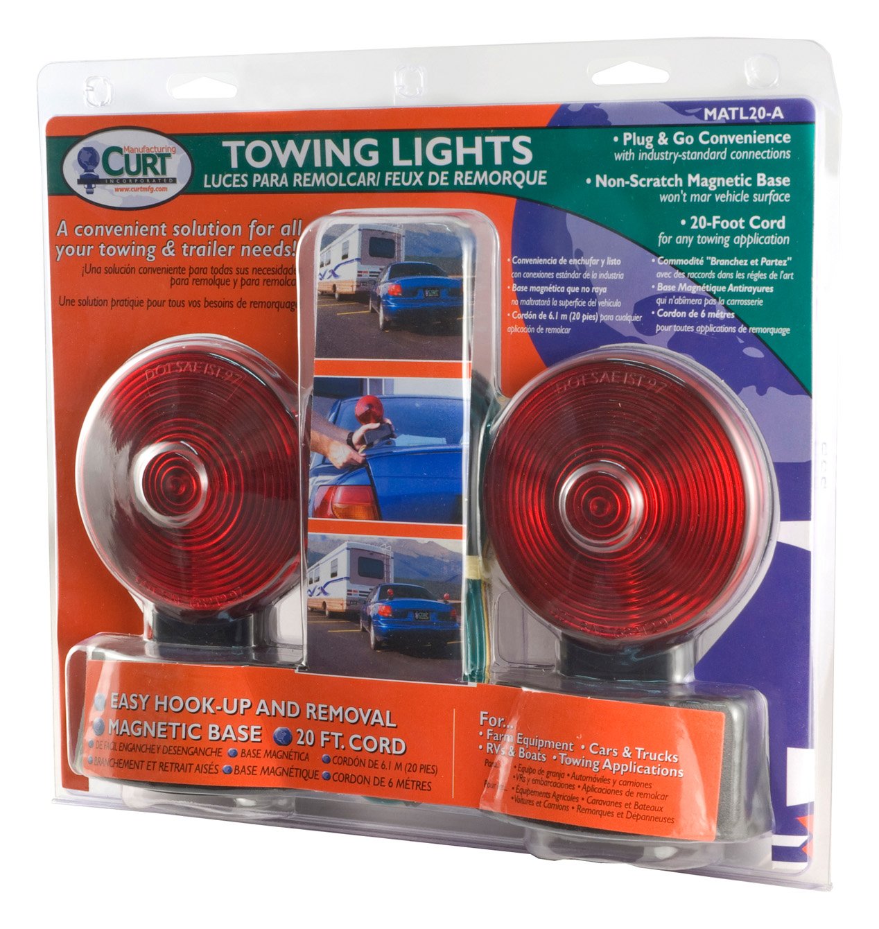 CURT 53200 Magnetic Trailer Lights for Dinghy Towing - 4-Pin Flat Plug Stop Tail Turn Signal Lights - Waterproof LED Lights for Boat, RV, Utility & Car Trailers - Easy Installation for Safe Night Towing