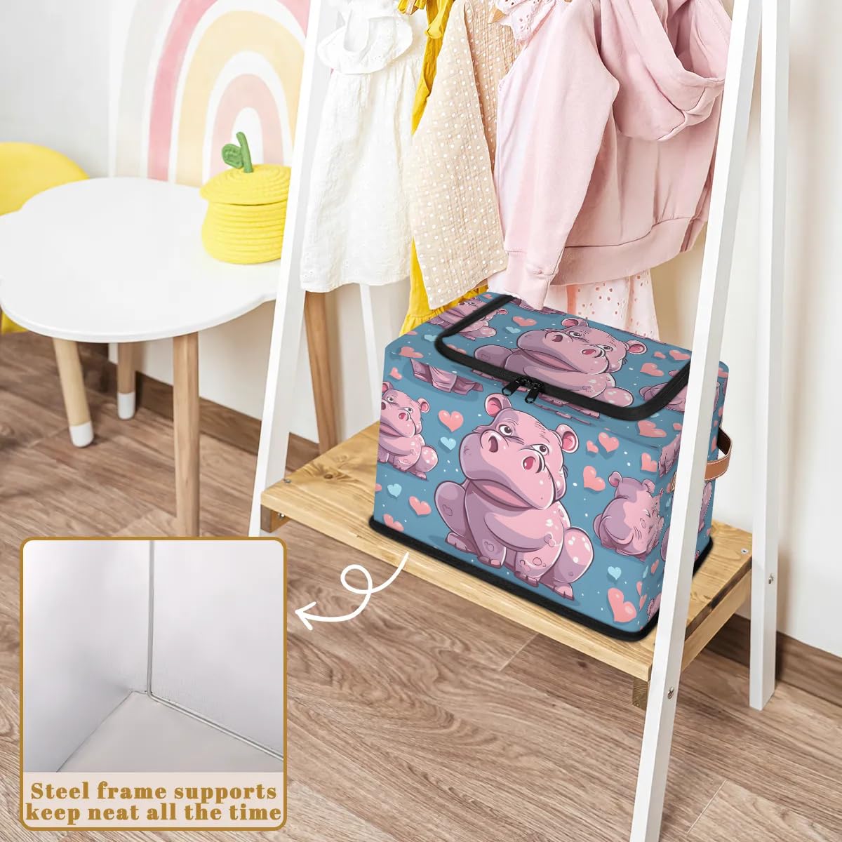 Pink Heart Hippo Storage Bins with Zipper Lid - 2 Pack Stackable Closet Organizer Baskets with Metal Frame & PU Handles - Perfect for Clothes, Toys, and Home Organization