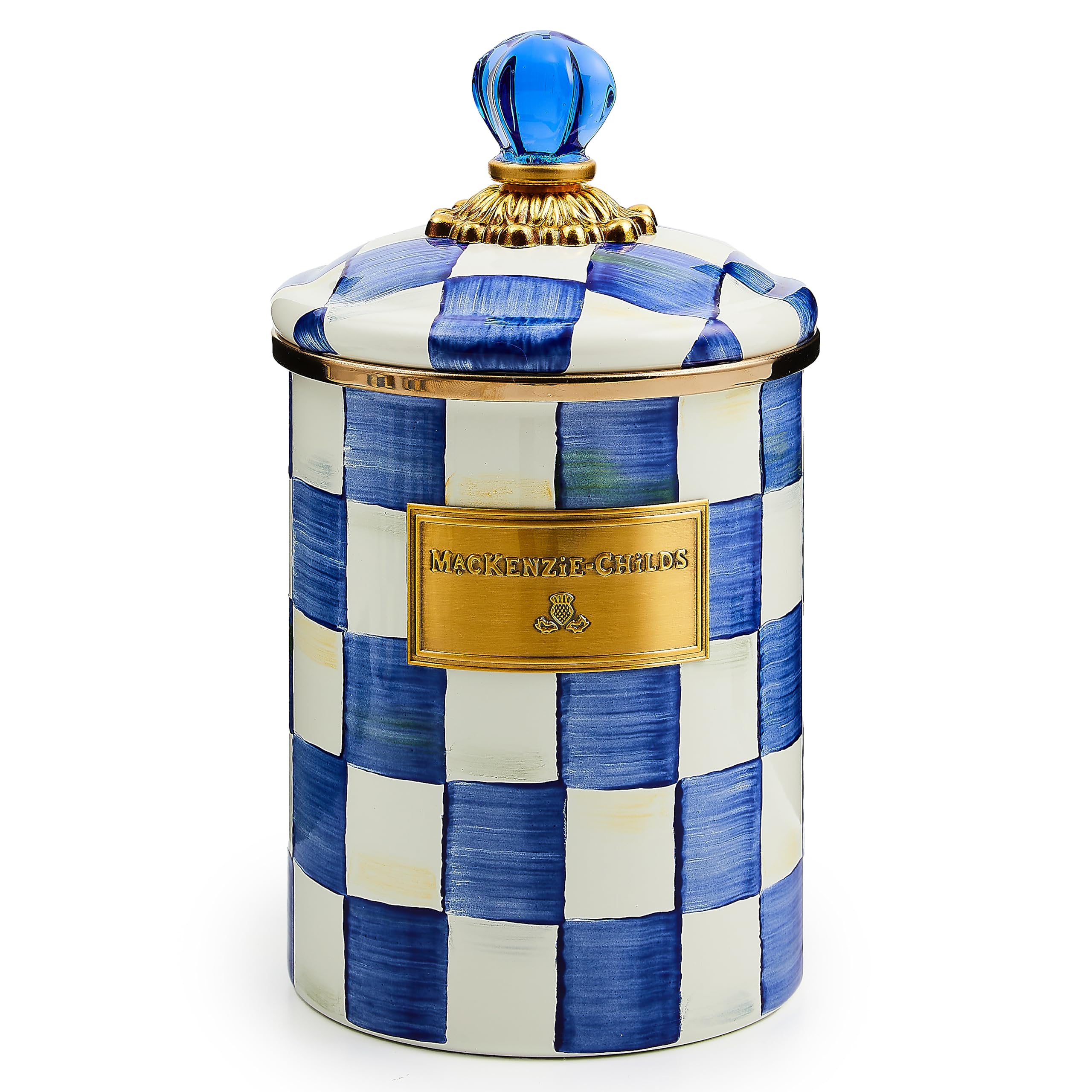 MACKENZIE-CHILDS Medium Enamel Canister - 1.42L Kitchen Storage Container for Flour, Sugar & Dry Goods | Airtight Food Organizer | Blue & White Royal Check Design | Perfect for Pantry, Baking & Countertop Decor