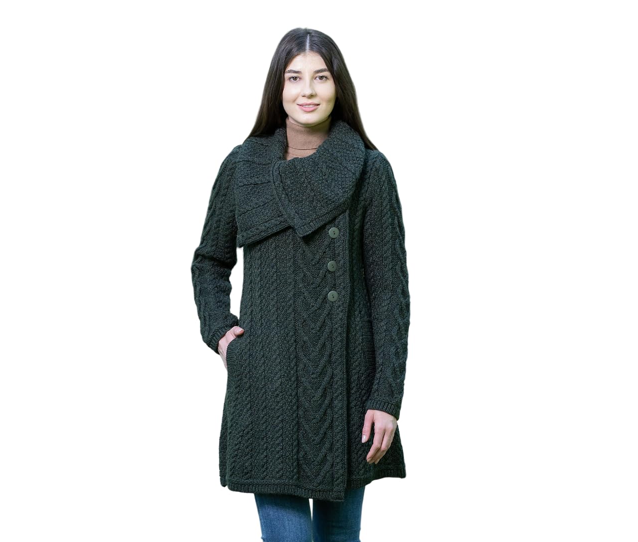 SAOL 100% Merino Wool Women's Classic Cable Knit Cardigan Sweater - Irish Coat with Pockets - Warm Winter Layering for Office, Travel & Casual Outfits