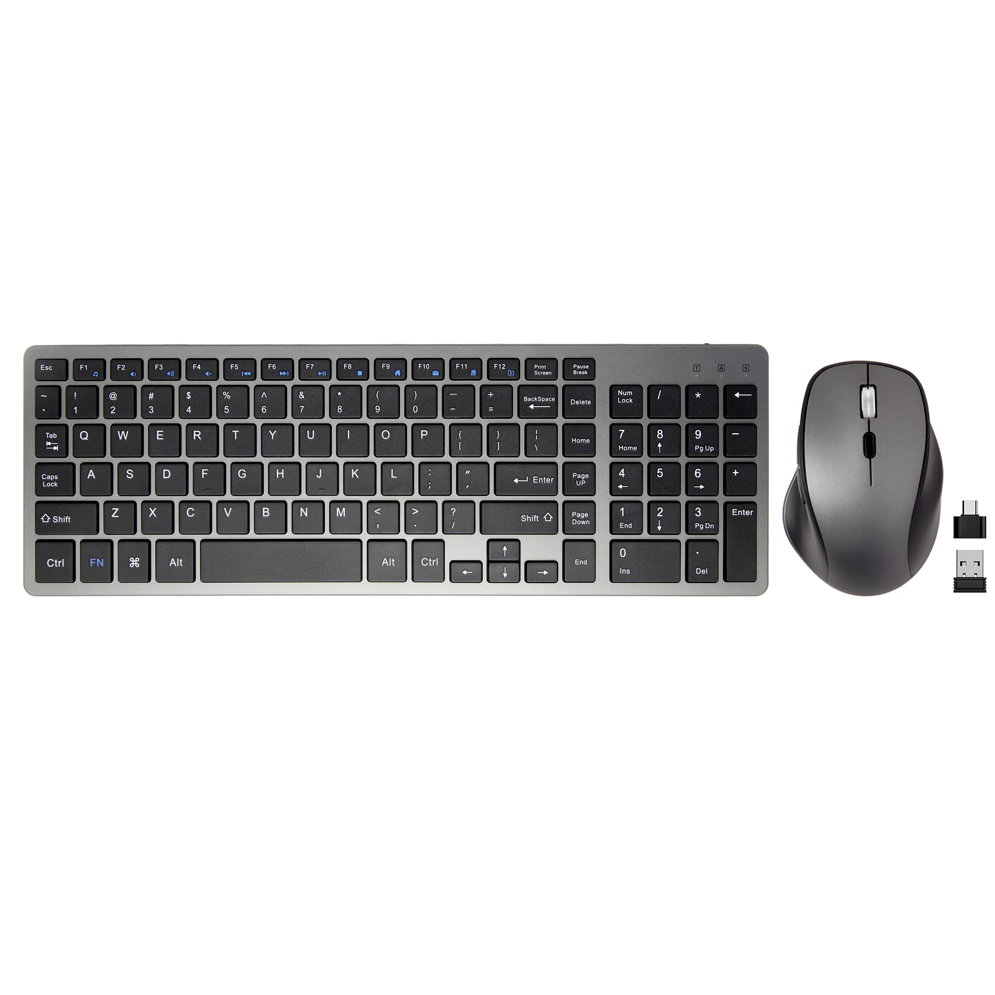 Rechargeable Wireless Keyboard and Mouse Combo - Slim Compact Full-Size Keyboard & Ergonomic Silent Mouse with Side Buttons for Windows PC Laptop Chromebook - Gray | Perfect for Office Work, Gaming & Home Use