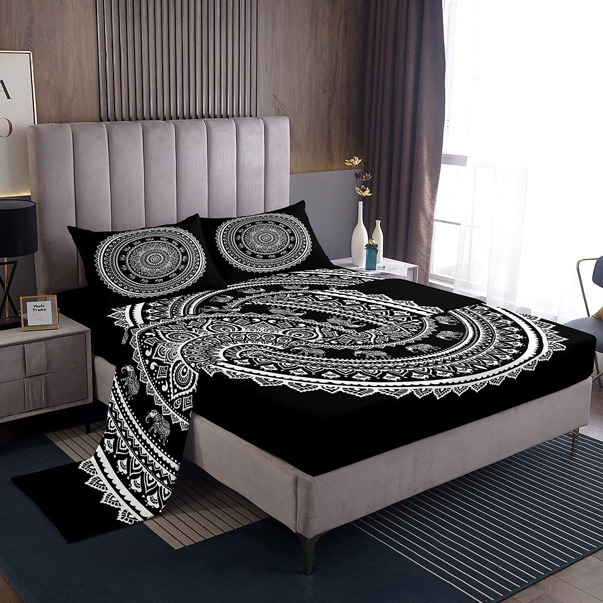 Boho Mandala Printed Bed Sheet Set - Twin Size Bohemian Elephant Design for Girls & Women | Black & White Exotic Floral Bedding | Perfect for Hippie, Boho Chic & Eclectic Bedroom Decor | Soft & Breathable Cotton Sheets for Cozy Sleep