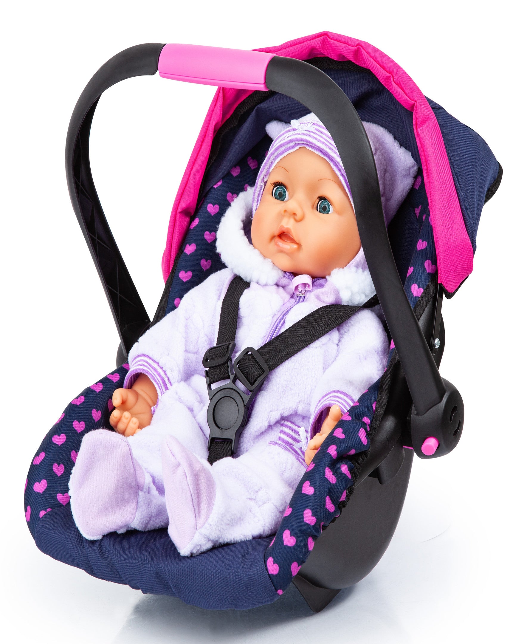 Bayer Design Deluxe Doll Car Seat with Canopy - Blue & Pink Baby Doll Carrier for Girls, Perfect for Pretend Play, Travel & Nursery Role Play