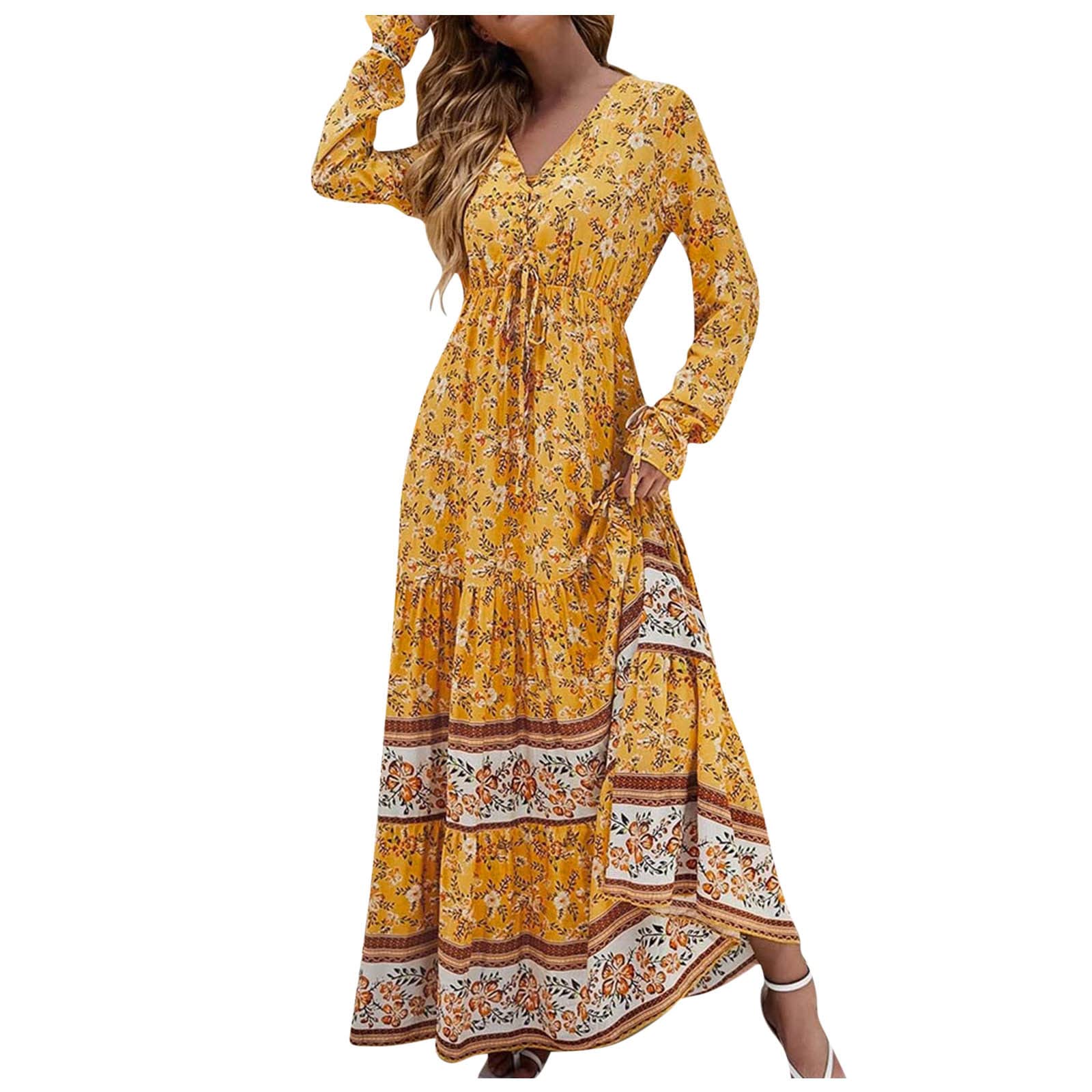 Vintage Floral Maxi Dress for Women - Elegant Floor Length Flowy Dress with Elastic Waist & Tie Detail | Perfect for Vacation, Fall Season, Weddings & Special Occasions