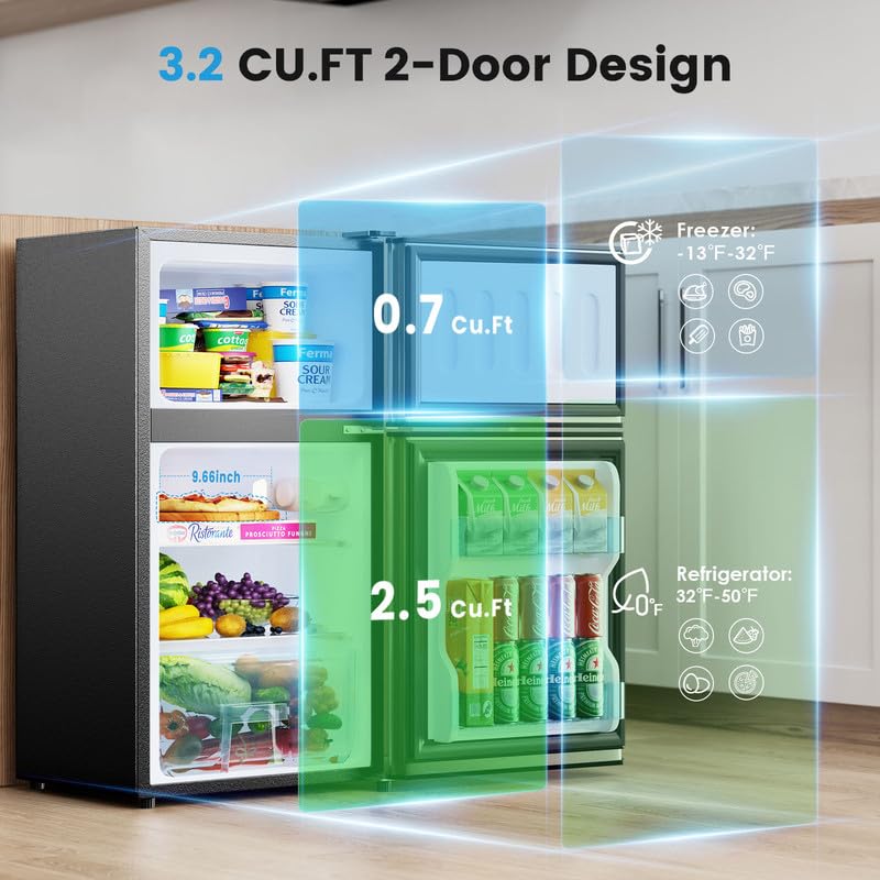 3.2 Cu.Ft Mini Fridge with Freezer - Compact 2-Door Small Refrigerator for Bedroom, Dorm, Office & Apartment - Perfect for Snacks, Drinks & Personal Food Storage