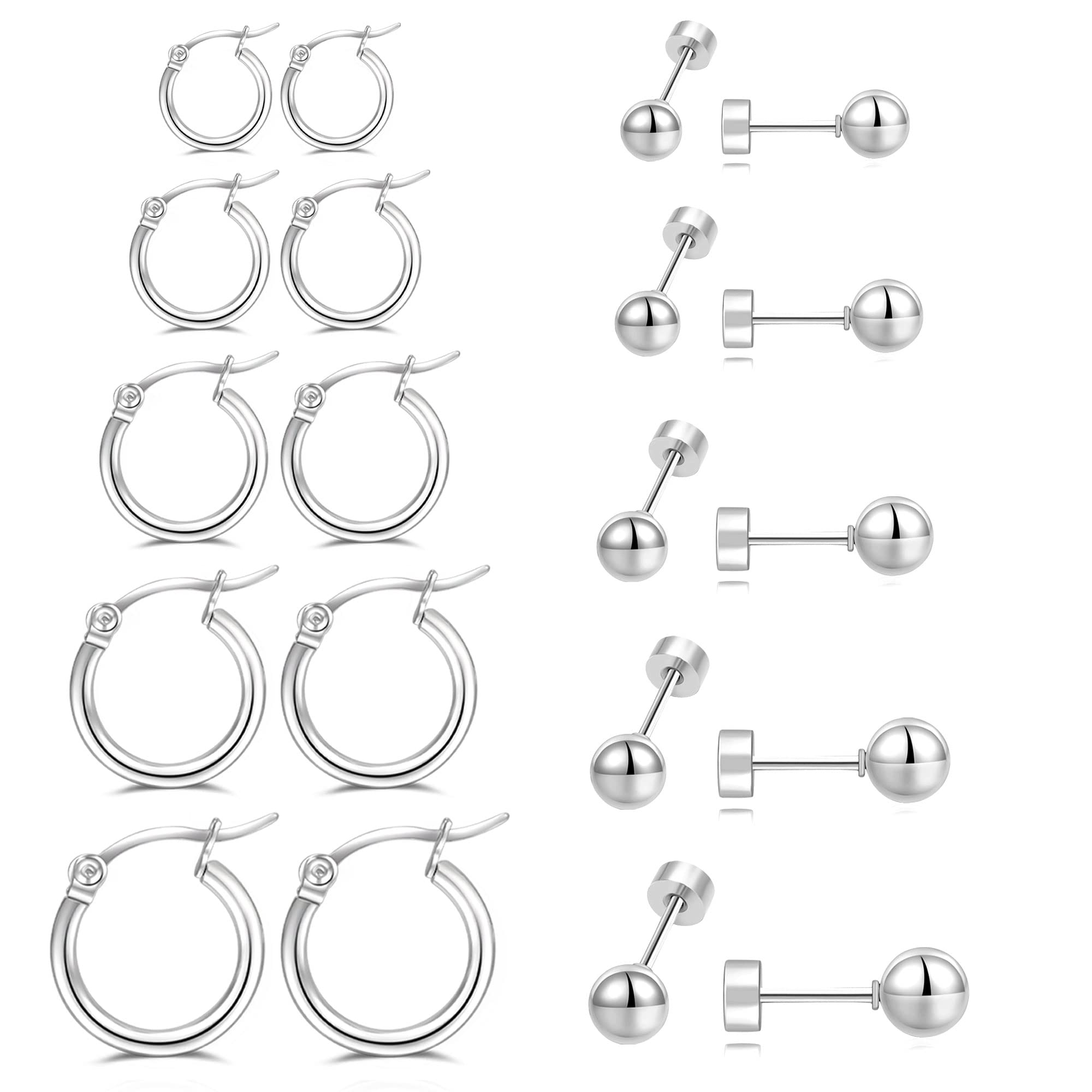 10 Pairs Small Hoop Earrings for Women - Stainless Steel Hypoallergenic Flat Back Stud Earrings Set (2-16mm) - Mini Ball Cartilage Tiny Gold Hoops for Girls, Women & Men - Perfect for Everyday Wear, Gifts & Pierced Ears