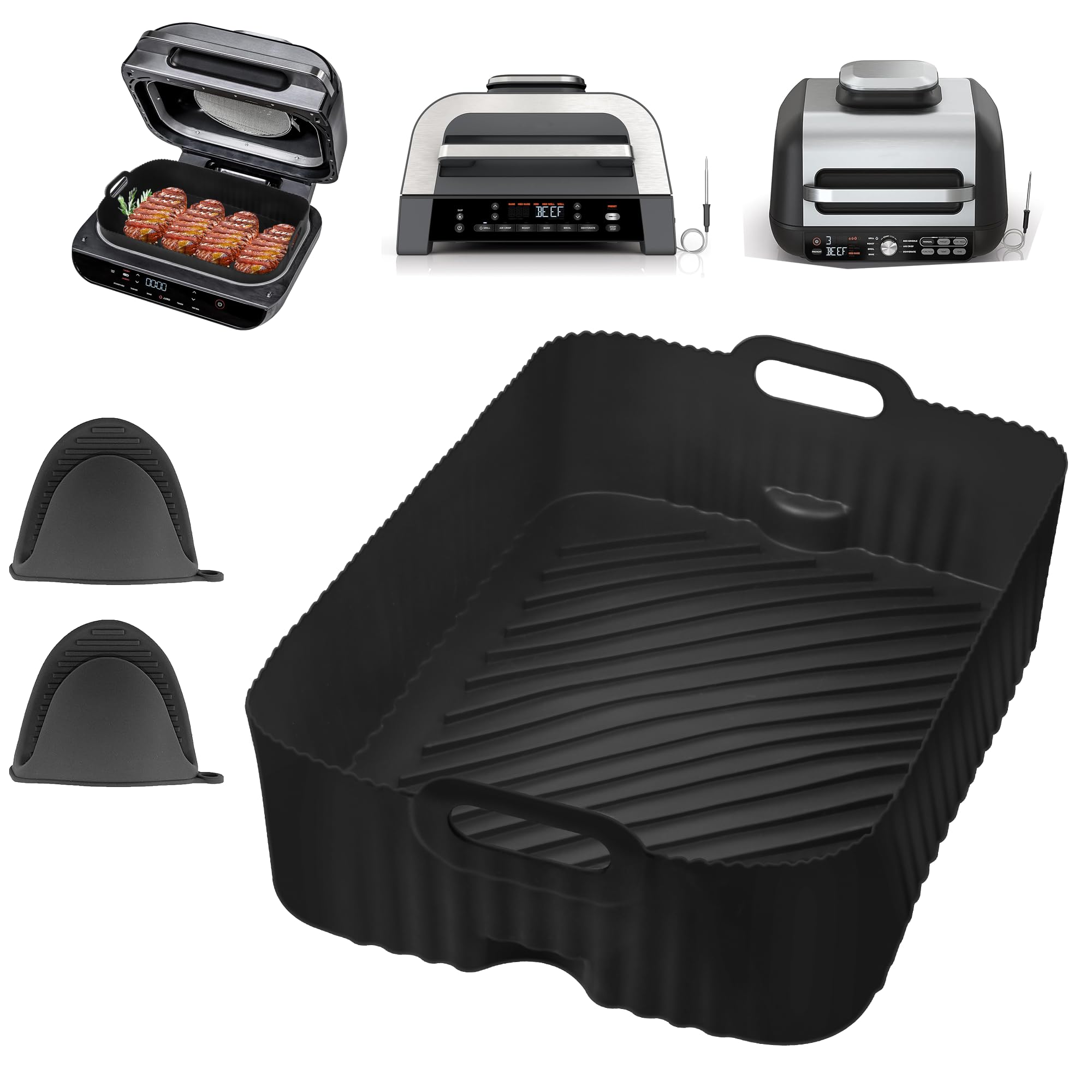 Reusable Silicone Air Fryer Liner with Heat-Resistant Gloves for Ninja FG551/DG551/IG651 Smart XL Indoor Grill - Non-Stick Rectangular Basket Liner Accessories for Easy Cooking & Cleanup - Perfect for Air Frying, Grilling, Roasting & Baking Healthy Meals