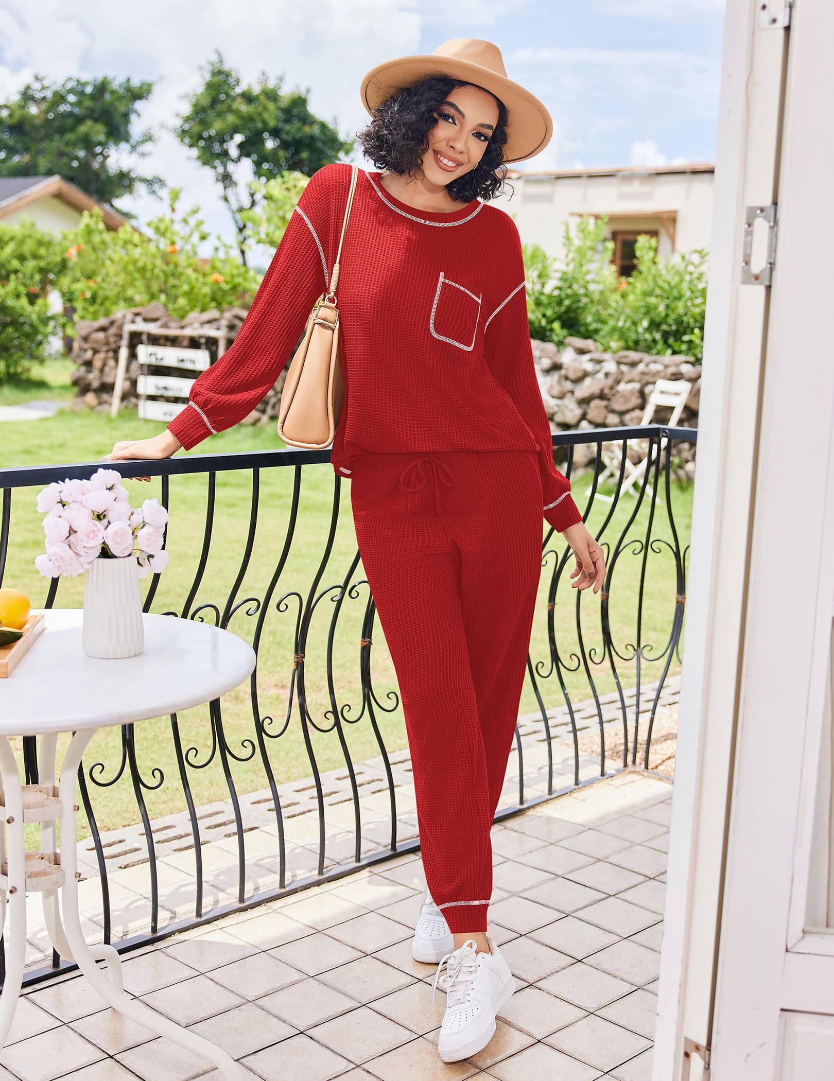 Ekouaer Women's Pajama Set - Soft Waffle Knit Long Sleeve Lounge Wear, 2-Piece Sleepwear Set (S-XXL) for Cozy Nights & Relaxing at Home