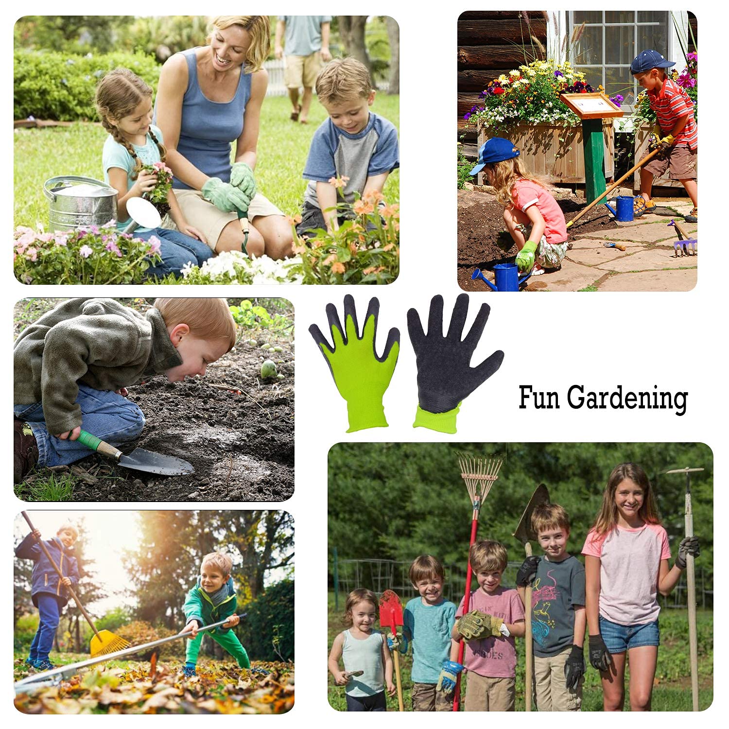 Kids Gardening Gloves 3-12 Years - 3 Pairs Rubber Work Gloves for Outdoor Play & Planting