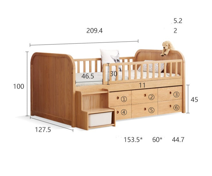 Solid Oak Wood Multi-Function Storage Bed with Wide Underbed Drawers - Perfect for Bedroom Organization & Small Space Living