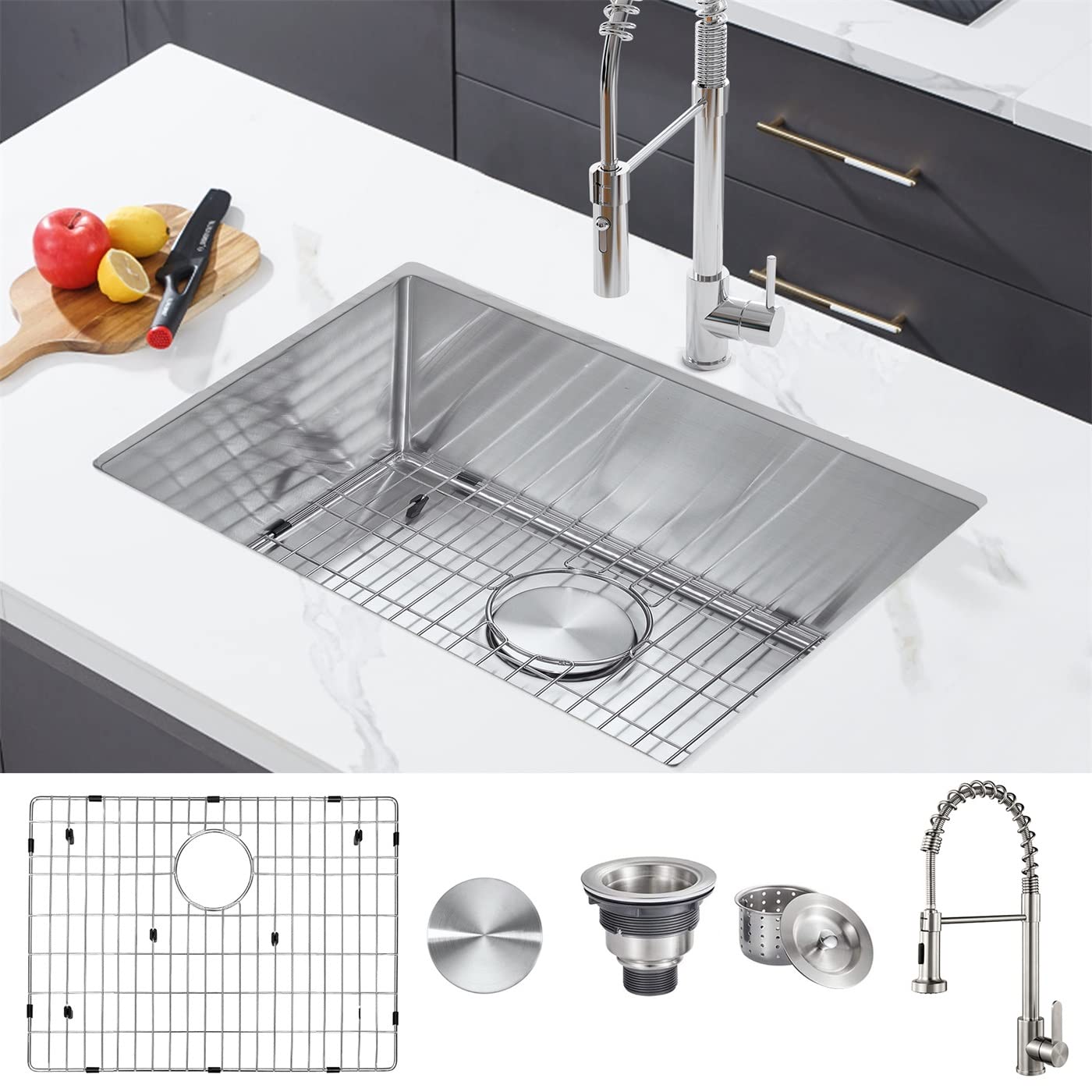 Premium 23-Inch Undermount Stainless Steel Kitchen Sink & Faucet Combo - Handmade Single Bowl with Bottom Grid & Basket Strainer Drain (23