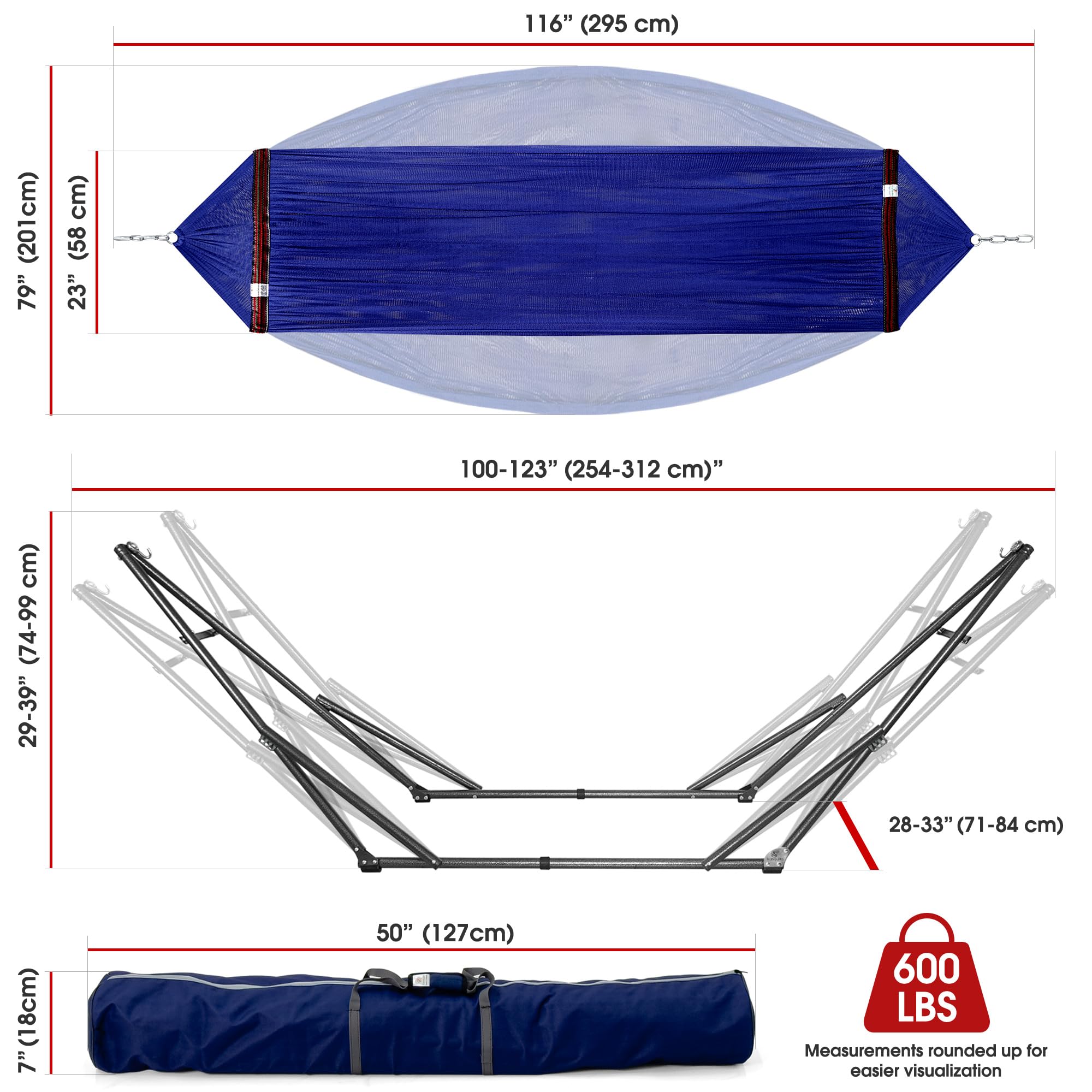 Premium Tranquillo Camping Hammock with Stand - 600 lbs Capacity 2-Person Foldable Hammock, Collapsible & Noiseless Heavy Duty Design (Blue) - Perfect for Backyard Relaxation, Beach Trips & Outdoor Adventures
