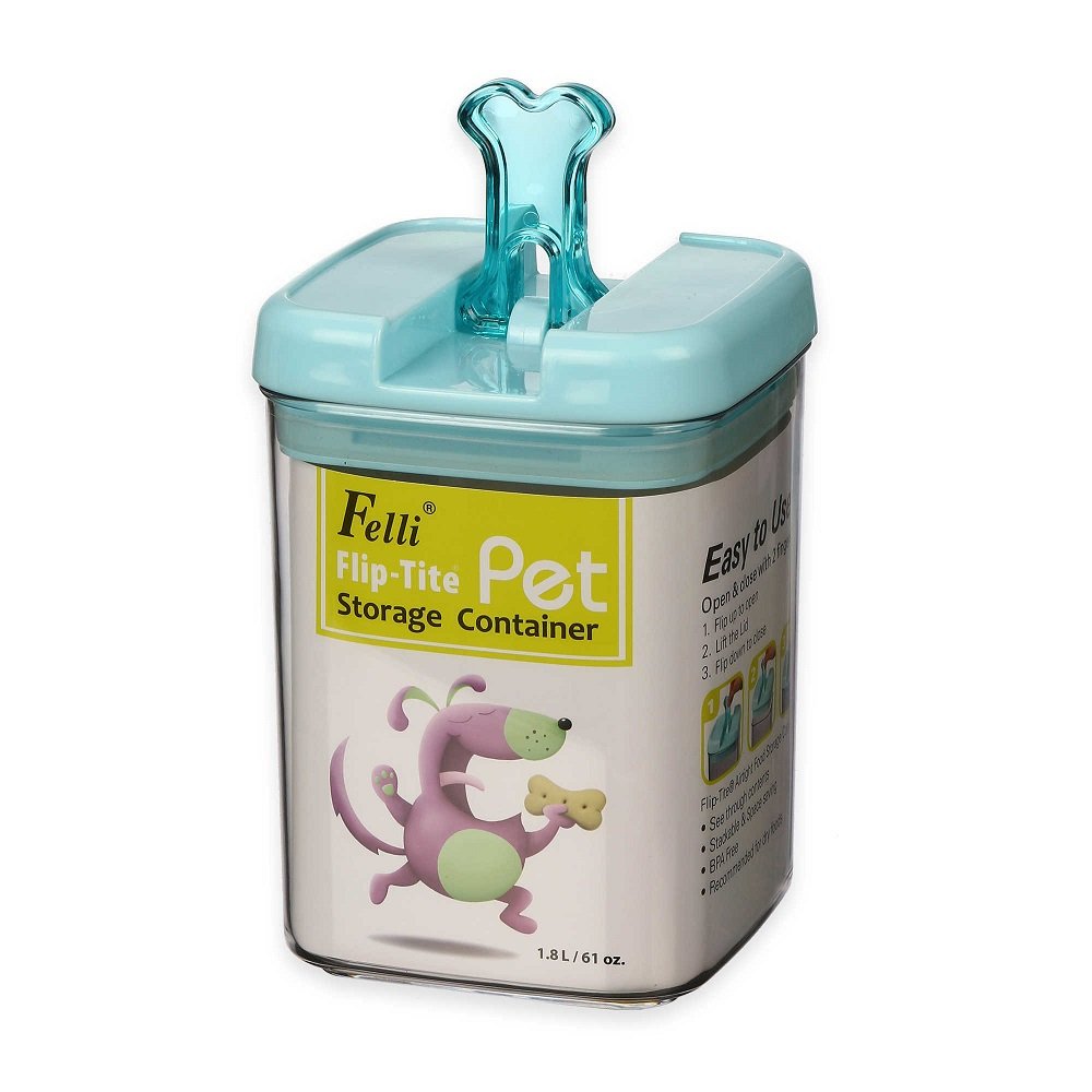 7-Inch Medium Flip-Tite Bone Square Pet Food Storage Container - Airtight Clear/Blue Canister for Dog & Cat Treats - Perfect for Kitchen Countertop or Pantry Organization