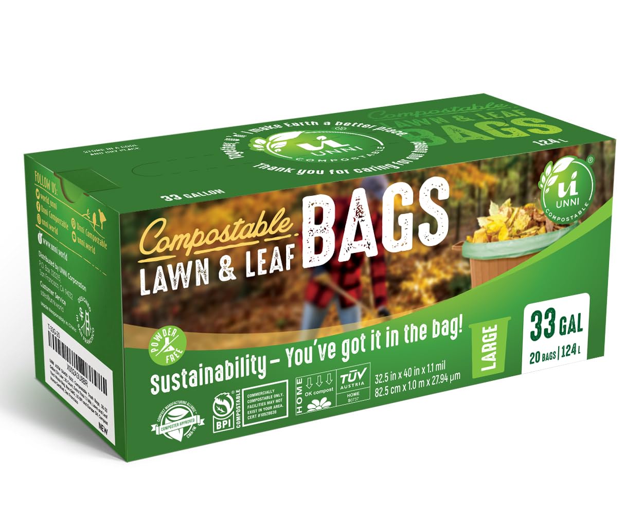 UNNI Compostable Lawn & Leaf Bags - 20 Pack, 30-33 Gallon (124 Liter) Extra Thick 1.1 Mil Yard Waste Bags for Grass Clippings, Leaves & Food Scraps | ASTM D6400, BPI, CMA & OK Compost HOME Certified | Eco-Friendly Garden & Kitchen Waste Disposal