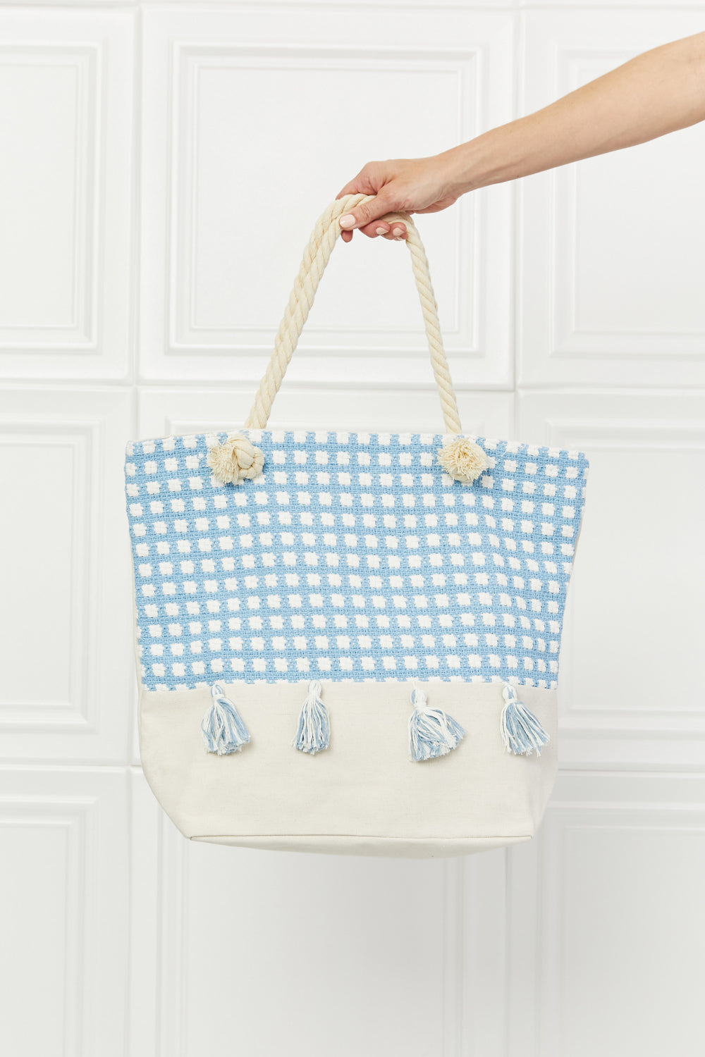 Justin Taylor Picnic Date Tassel Tote Bag - Stylish Woven Straw Beach Bag for Women, Perfect for Summer Outings, Brunch Dates & Vacation Essentials