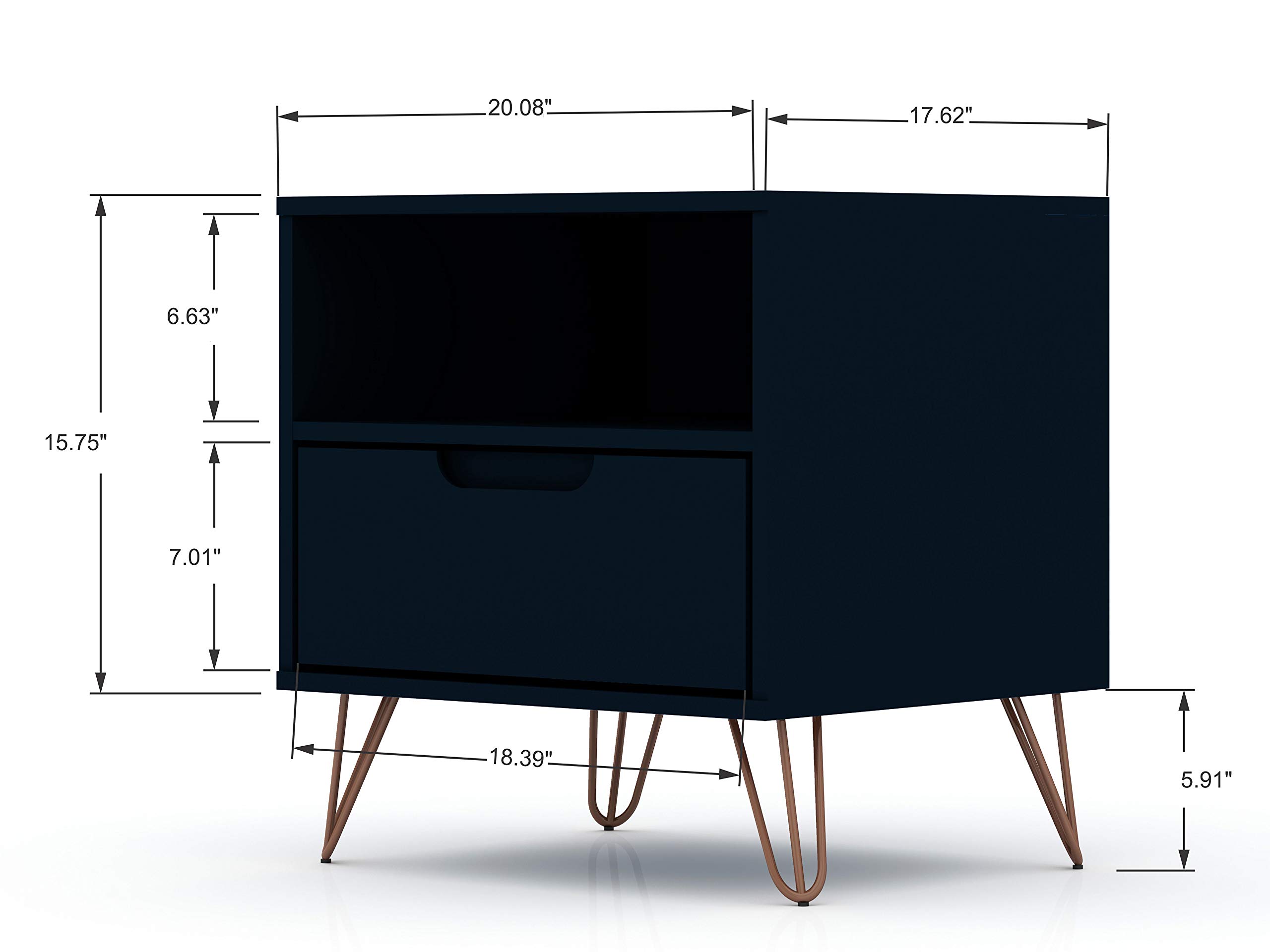 Mid Century Modern Nightstand with Drawer & Cubby - Minimalist Bedside Table for Bedroom & Living Room - Storage Organizer Display Shelf - Midnight Blue - Perfect for Small Spaces & Apartment Decor
