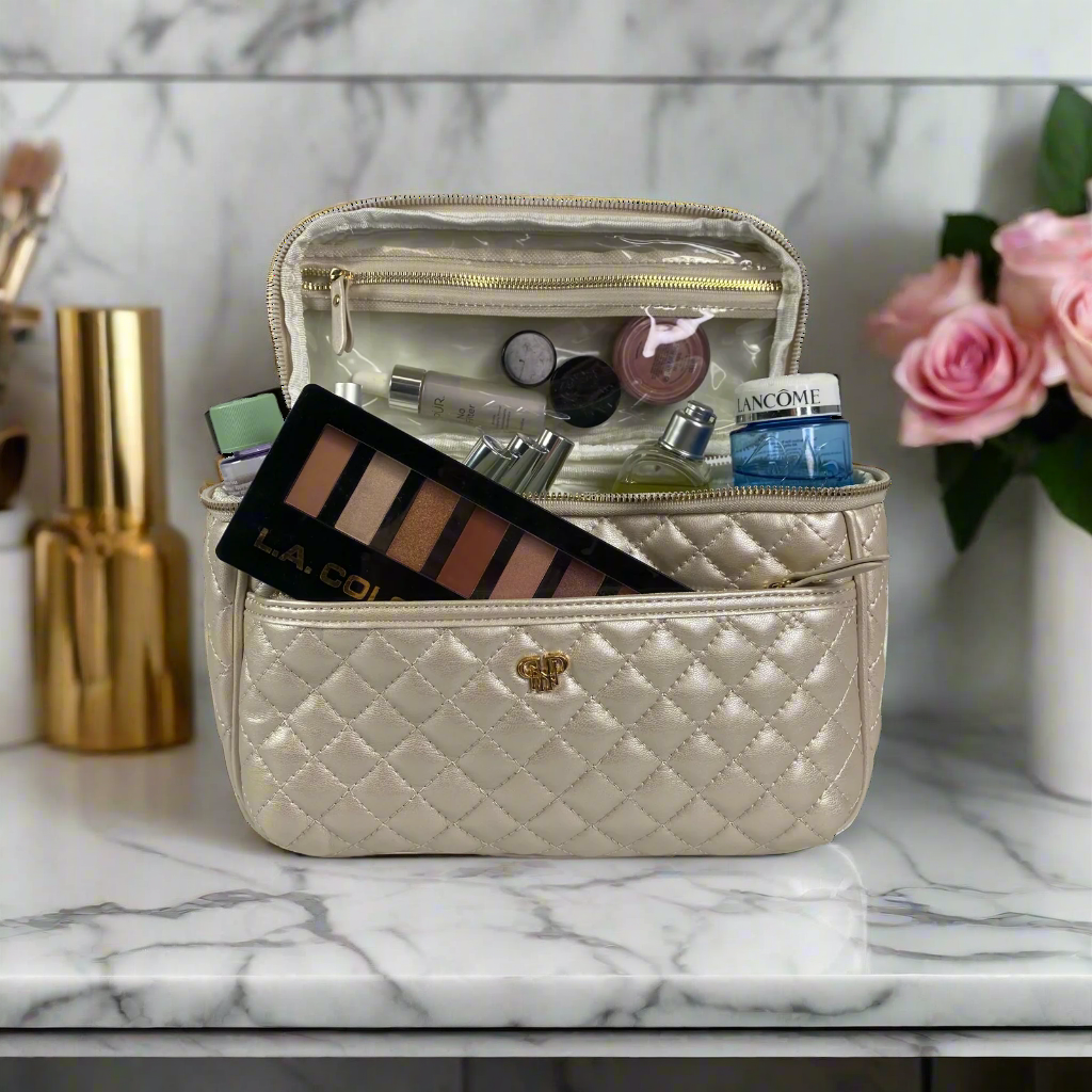 Classic Pearl Quilted Train Case Makeup Organizer - Perfect for Travel, Professional Makeup Artists & Beauty Storage