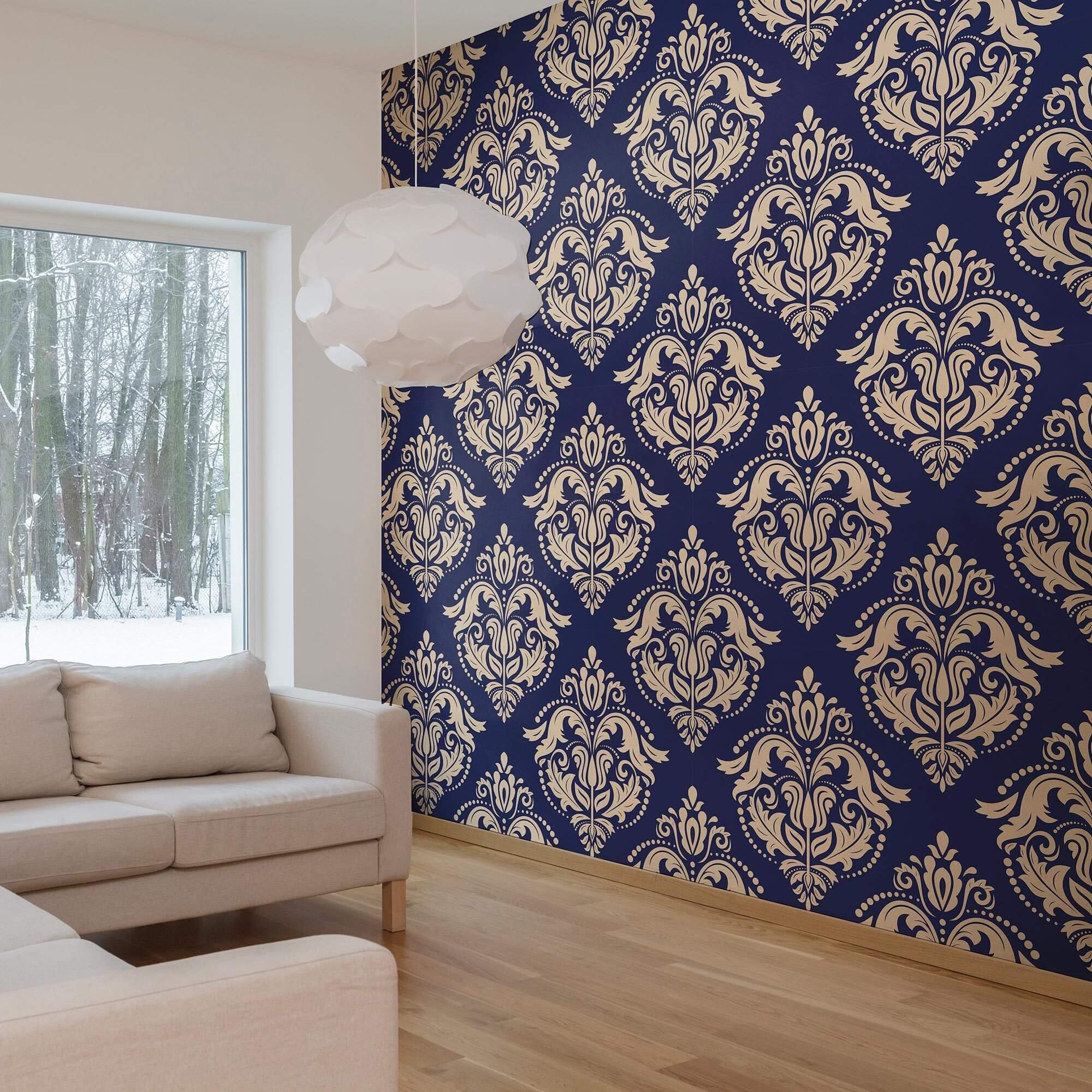 Beige and Blue Damask Peel and Stick Removable Wallpaper - Self-Adhesive Decorative Wall Covering for Bedroom, Living Room, Nursery & Home Office