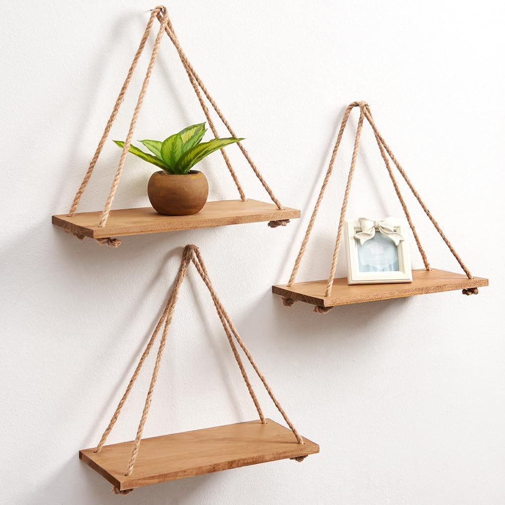 Rustic Rope Hanging Shelves Set of 3 - SAND MINE Wood Wall Floating Shelves for Living Room, Bedroom, Bathroom & Office Decor | Farmhouse Style Storage & Display Solution