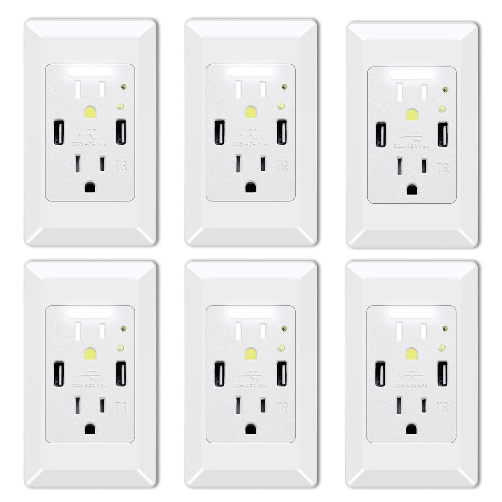GREENCYCLE 15-Amp High Speed USB Wall Charger Outlet with 4.2A Dual Ports & 2 AC Outlets - Auto Nightlight Sensor, Power-Saving Design, White (6 Pack) - Perfect for Bedrooms, Kitchens, Offices & Home Renovations