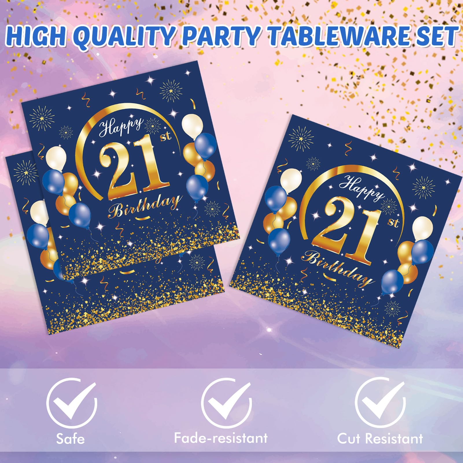 **21st Birthday Party Supplies - Navy Blue & Gold Decorations Set (Plates, Napkins, Banners) for Men, Women, Boys & Girls - Perfect for 21st Birthday Celebrations, Milestone Parties & Adult Themed Events**