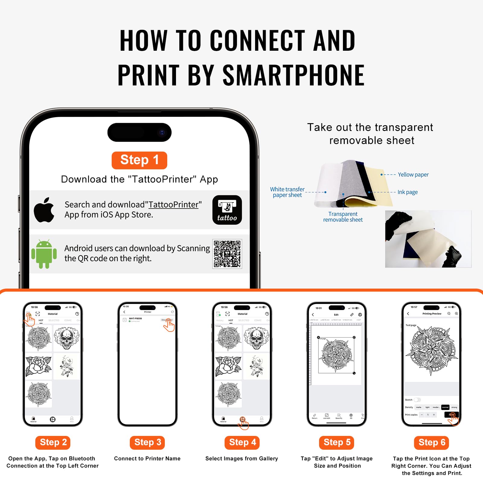 VEVOR Wireless Bluetooth Tattoo Stencil Printer Machine with 10 Transfer Papers - Compatible with iOS, Android, iPad & PC - Portable Tattoo Transfer Kit with Storage Bag - Perfect for Tattoo Artists, Studios & DIY Tattoo Enthusiasts