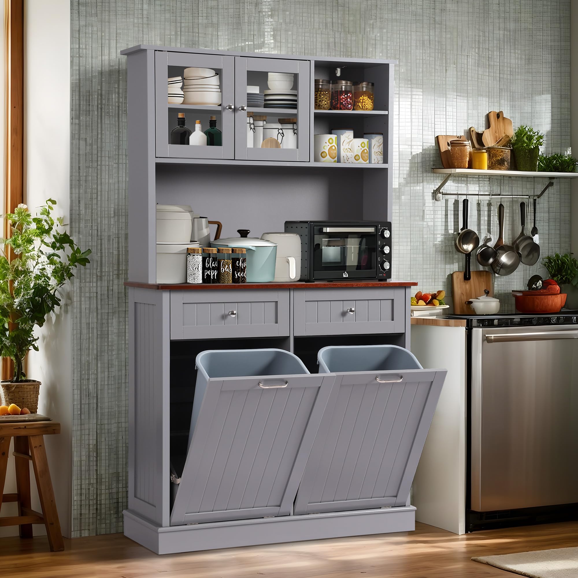 Tall Freestanding Kitchen Pantry Storage Cabinet with Microwave Shelf & Tilt-Out Trash Bin - Grey Kitchen Hutch for Small Spaces | Perfect for Apartments, Condos & Compact Kitchens