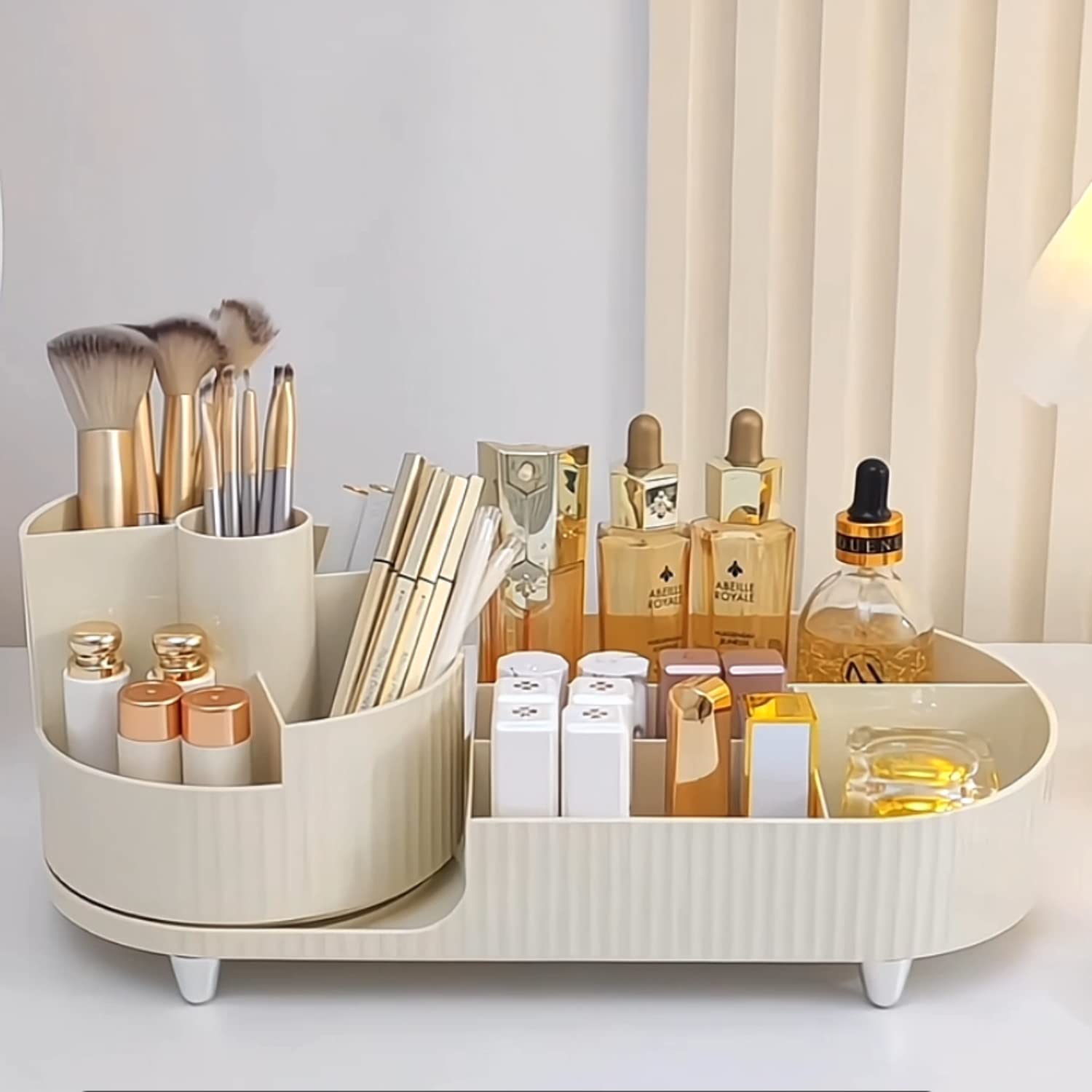360° Rotating Makeup Organizer with Large Capacity - Holds 20+ Brushes, 10 Lipsticks & 8 Skincare Products | Ivory Cosmetic Display Case for Vanity, Bathroom & Travel Organization