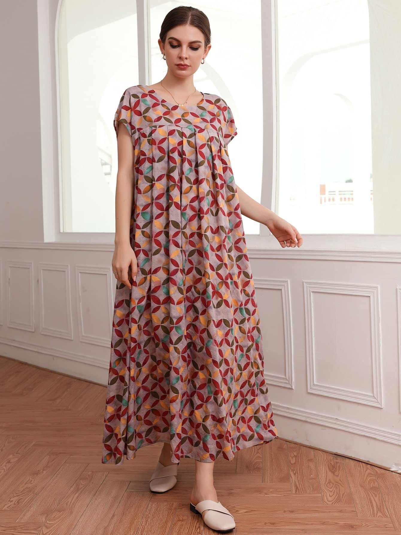 VIYAN Women's Boho Dress - Allover Print, Pleated Batwing Sleeve, Short Sleeve Summer Dress for Beach, Vacation & Casual Wear