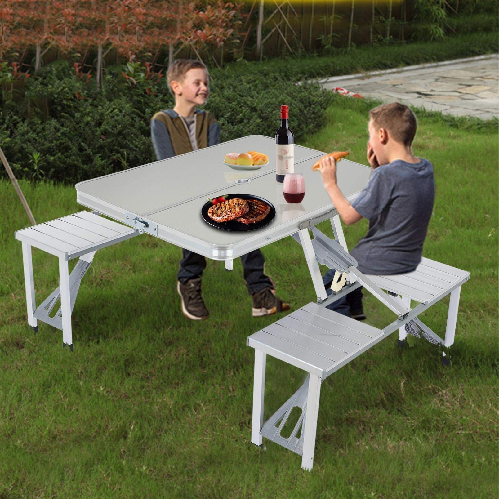 Foldable Outdoor Dining Set - 4-Piece Patio Table and Chairs for Garden, Lawn, Poolside - Portable Silver Aluminum Furniture for Backyard, Balcony & Terrace BBQs