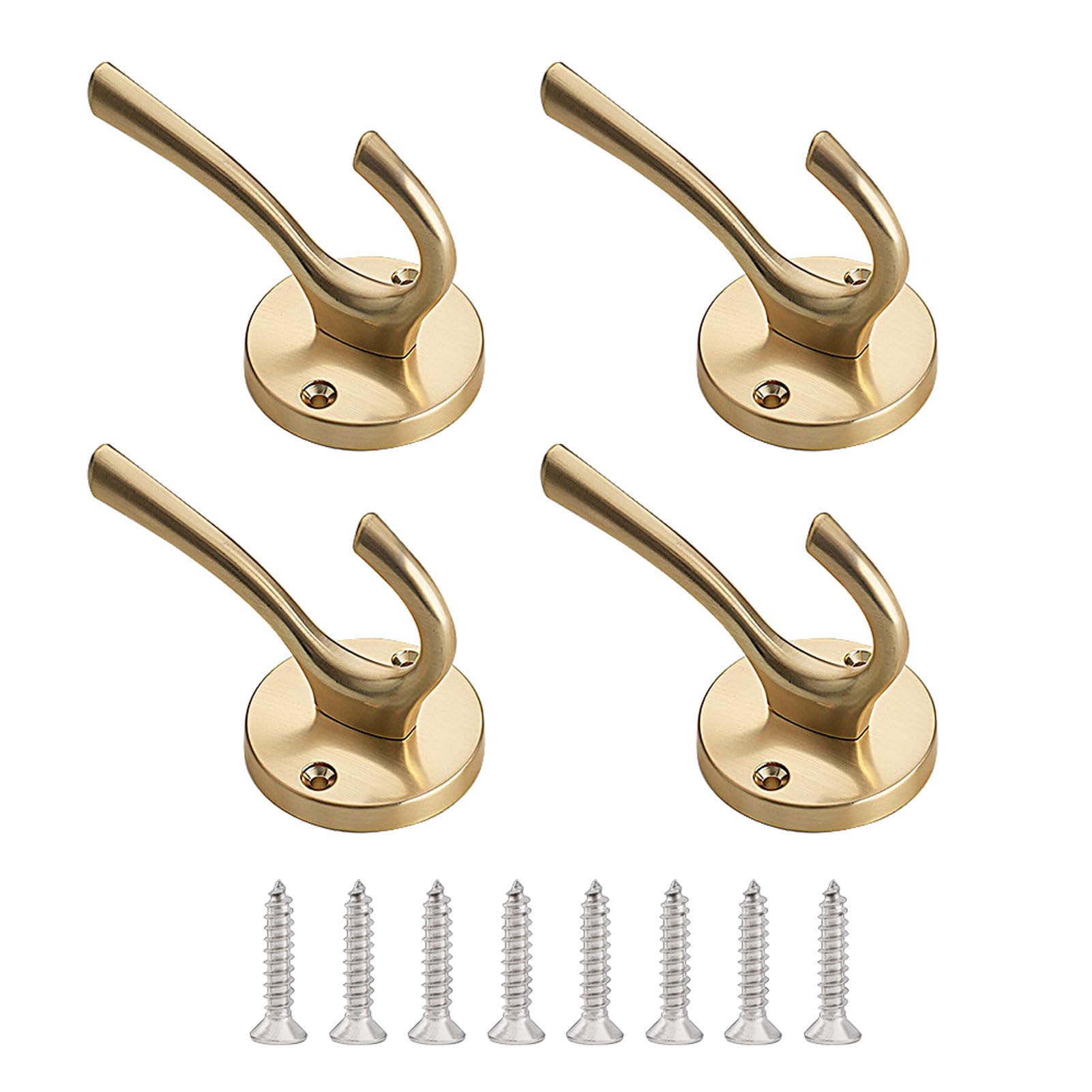 CALIDAKA 4 Pack Gold Wall Hooks - Heavy Duty Metal Coat Hooks for Hanging Coats, Hats & Towels - Double Hooks for Bathroom, Bedroom & Entryway - Rustproof Wall Mounted Hooks for Home & Office Organization