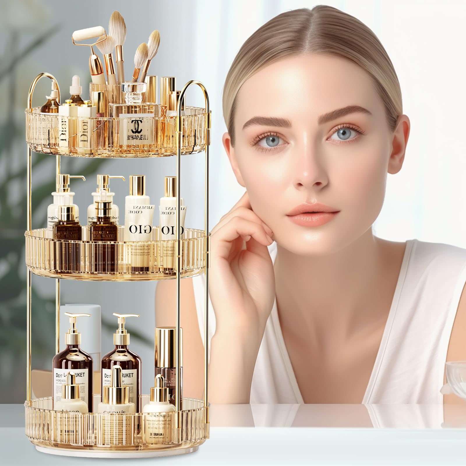 360° Rotating Makeup Organizer with Brush Holder - 3-Tier Large Capacity Cosmetic Storage for Skincare, Perfume & Beauty Products | Perfect for Bedroom Vanity, Bathroom Counter & Dresser Organization (White)