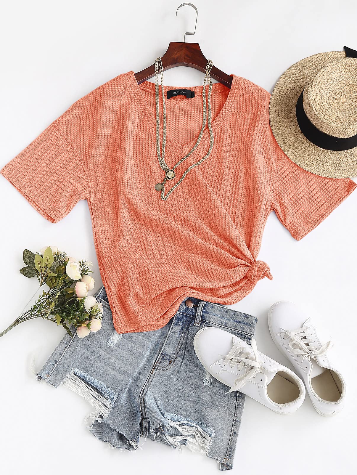 MEROKEETY Women's V Neck Batwing Half Sleeve Shirts - Soft Waffle Knit Loose Blouse, Solid Color Casual Tops for Women | Perfect for Work, Date Night & Everyday Wear