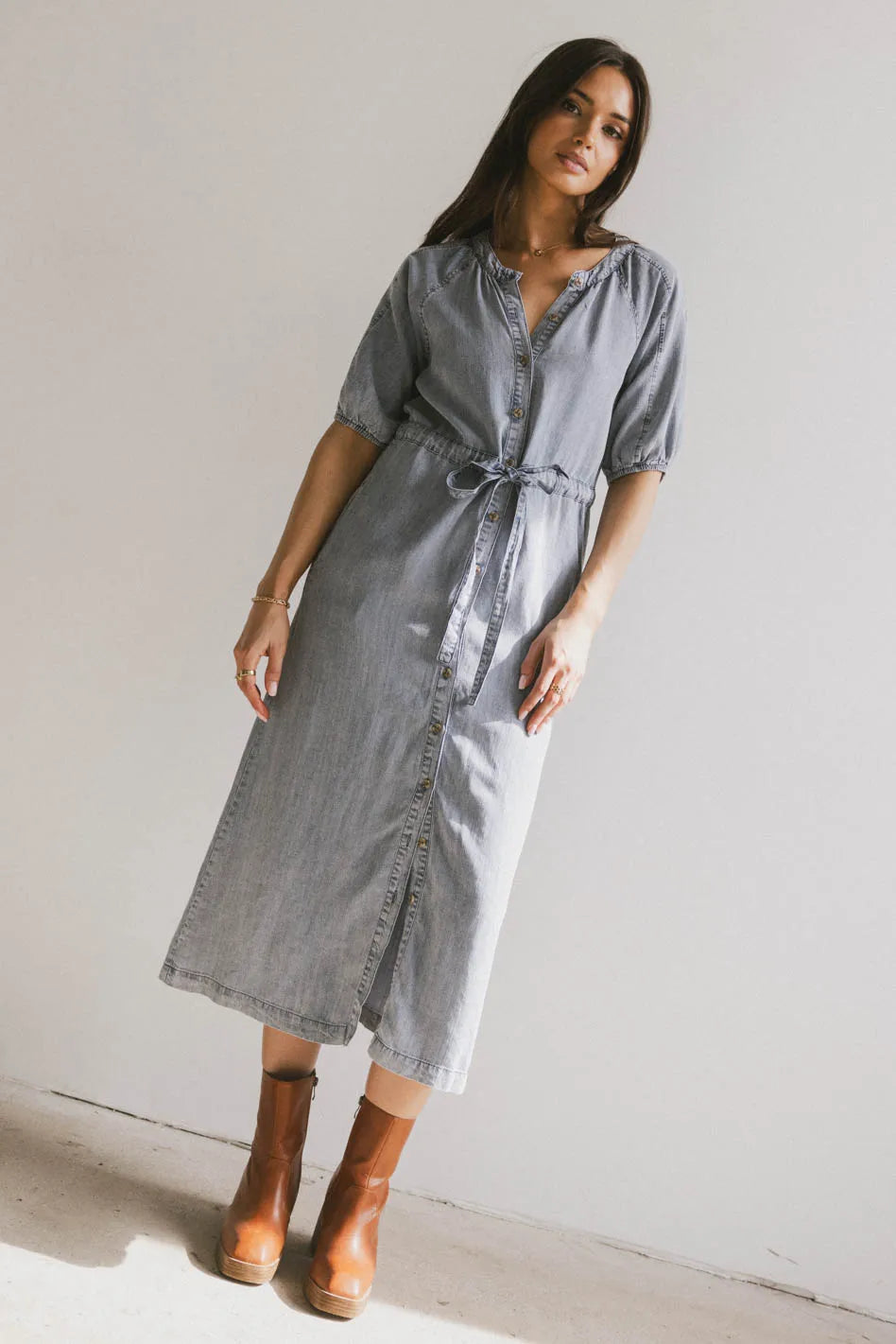 Marigold Denim Midi Dress for Women - Vintage Style Button Front Denim Skirt Dress | Perfect for Casual Outings, Date Nights & Summer Fashion