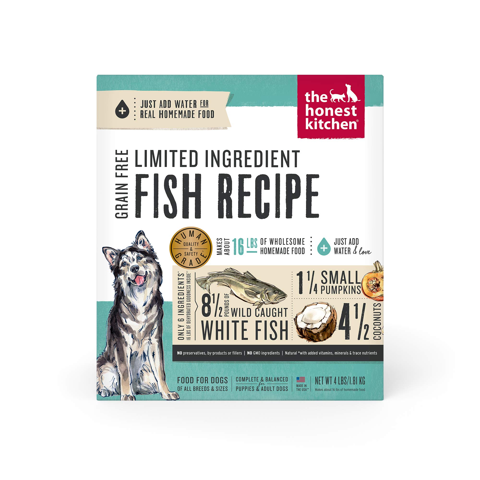 The Honest Kitchen Dehydrated Limited Ingredient Fish Dog Food - Grain Free, Natural & Healthy Dry Dog Food for Sensitive Stomachs, 4 lb Box - Perfect for Adult Dogs with Allergies or Digestive Issues