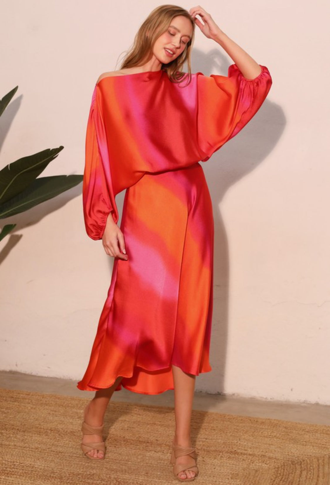 Pink Ombre Satin Boat Neck Blouson Top for Women - Elegant Casual & Party Wear - Perfect for Date Night, Office or Special Occasions