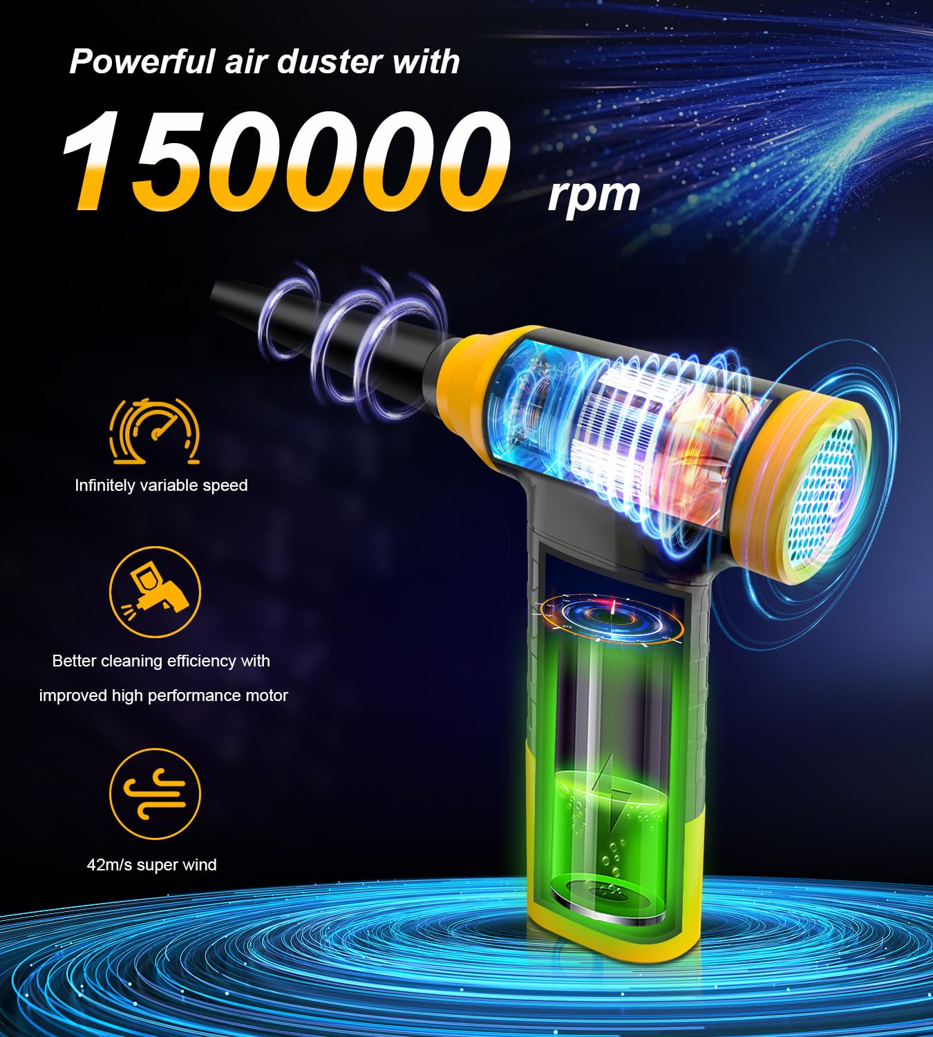 150,000 RPM Cordless Electric Air Duster - Powerful Rechargeable Blower for Cleaning Keyboards, PC, Laptops, Cameras | Multi-Purpose Air Pump for Inflating Air Mattresses, Pool Floats, Boats & Inflatables | Perfect for Home, Office & Outdoor Use