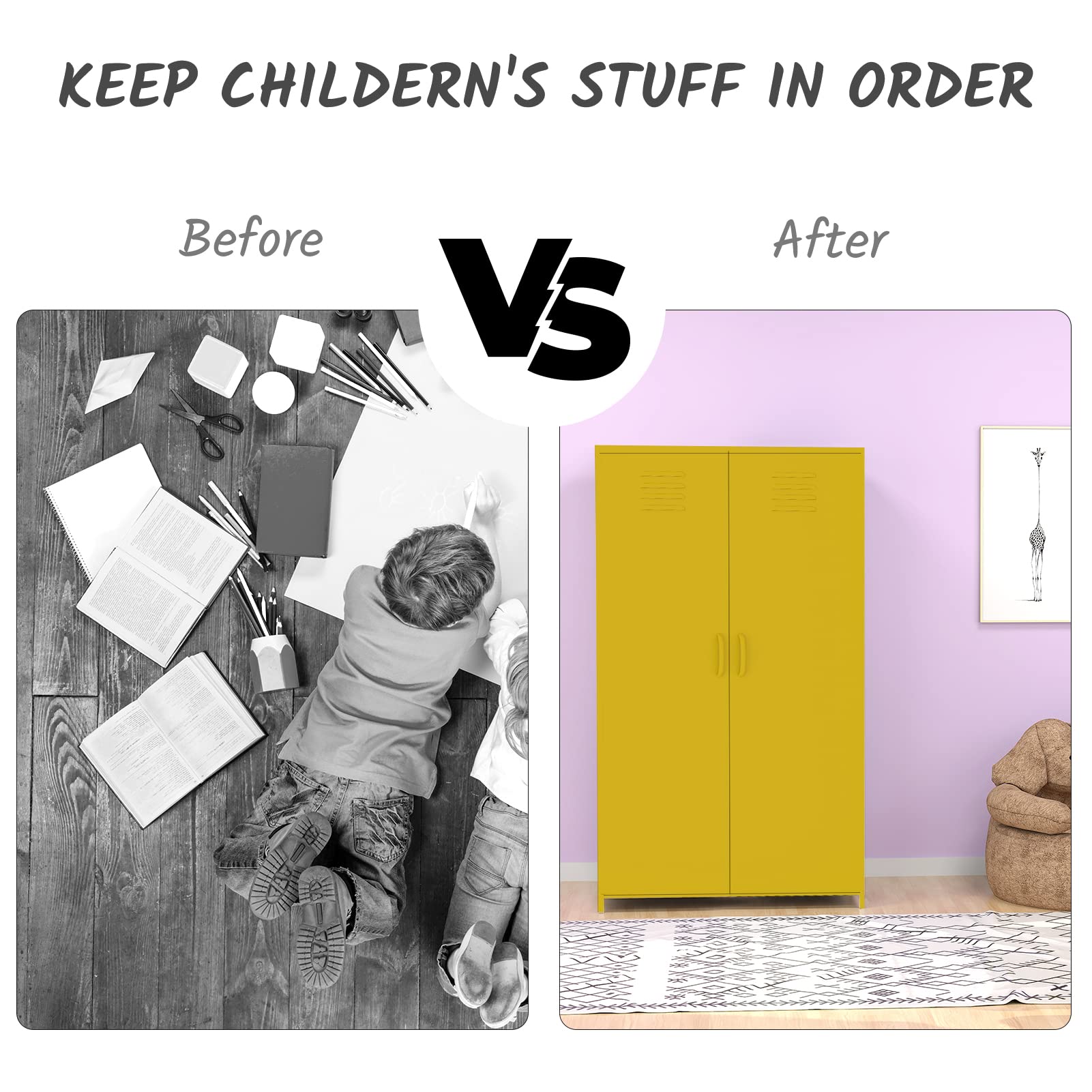 Yellow Steel Locker Cabinet - Double Door Metal Storage Locker with Hanging Rod & Shelves for Bedroom, School, Classroom - Perfect for Organizing Toys, Clothes & Sports Equipment