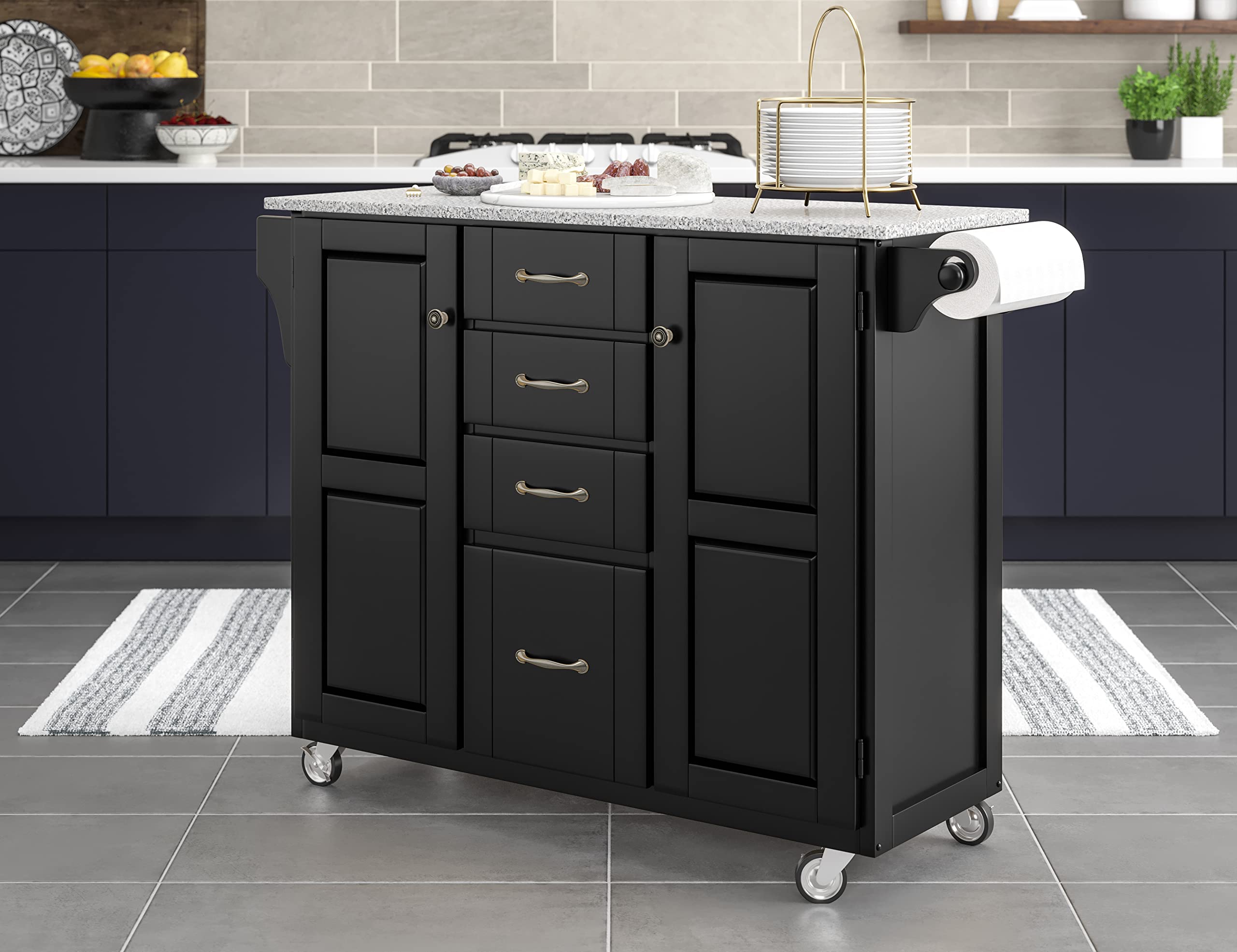 Home Styles Large Mobile Create-a-Cart Black Finish Two Door Cabinet Kitchen Cart with Salt and Pepper Granite Top, Adjustable Shelving - Perfect for Small Kitchen Storage, Dining Room Organization & Rolling Bar Cart for Entertaining