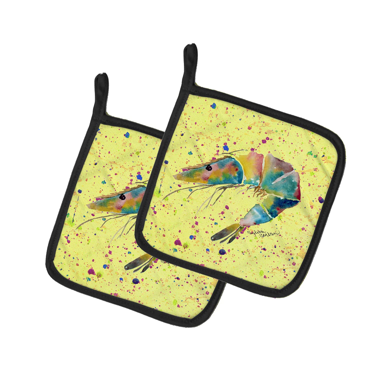 Caroline's Treasures Heat Resistant Pot Holders Set - 2 Pack Shrimp Design Oven Mitts for Cooking, Baking & BBQ (7.5x7.5 Inches) - Perfect Kitchen Accessories for Holiday Gifts & Home Decor