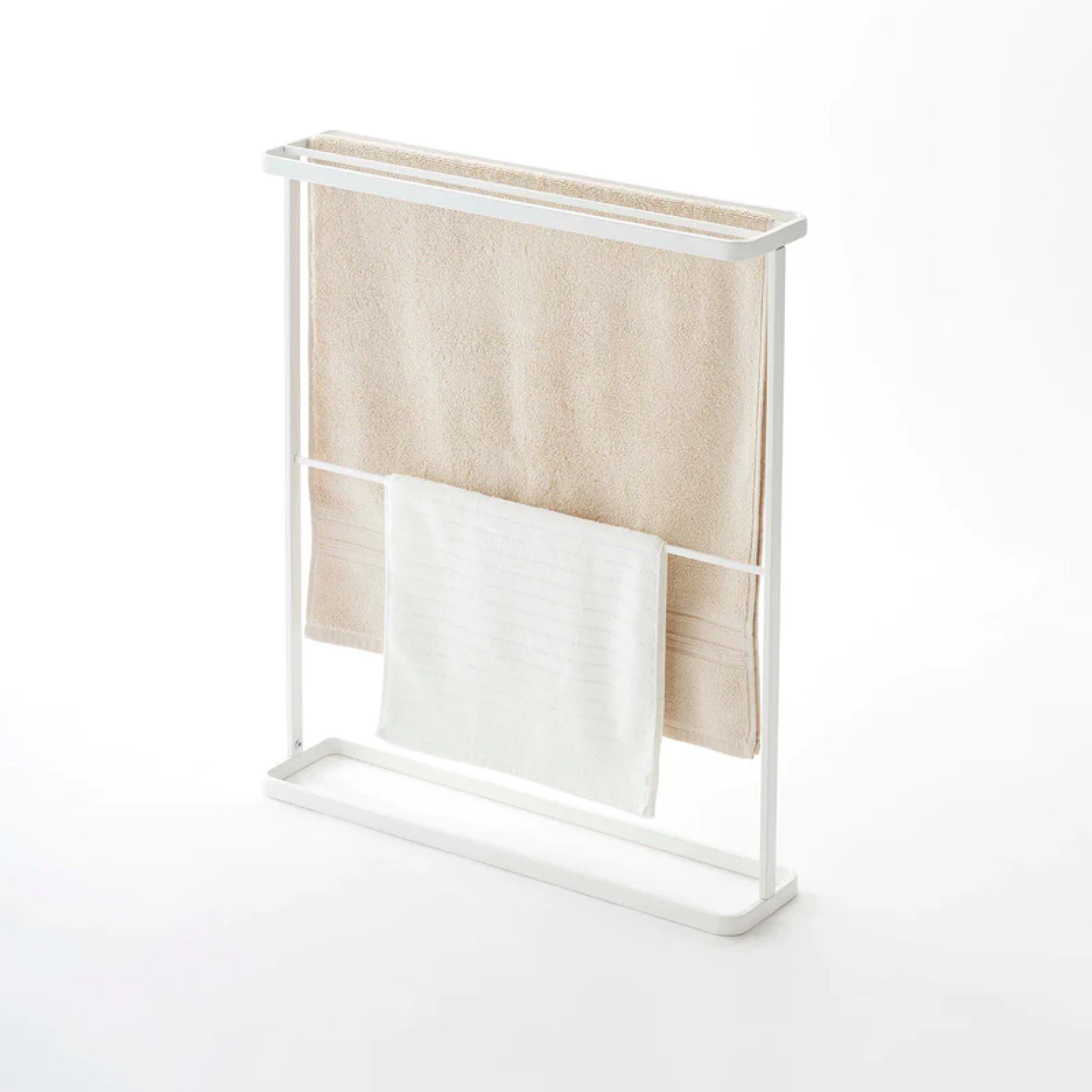 YAMAZAKI White Tower Bath Towel Hanger - Space Saving Bathroom Organizer for Hanging Towels, Robes & Clothes - Perfect for Small Bathrooms, Laundry Rooms & Spa Areas