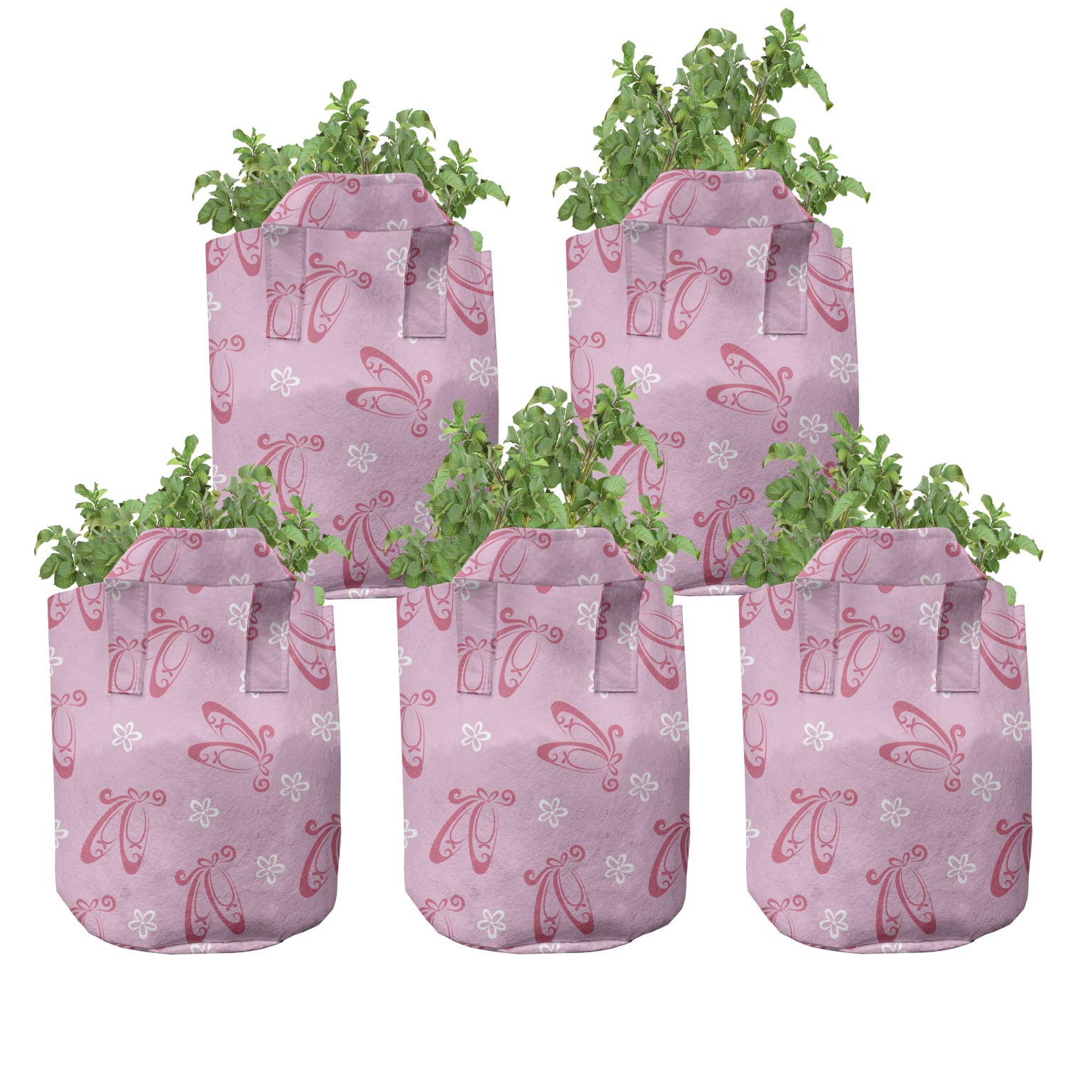 Ambesonne 5-Pack Ballet Grow Bags - Heavy Duty Fabric Plant Pots with Handles, Pink & White Floral Pointe Shoe Design - Perfect for Indoor/Outdoor Gardening, Balcony Decor & Gift Ideas