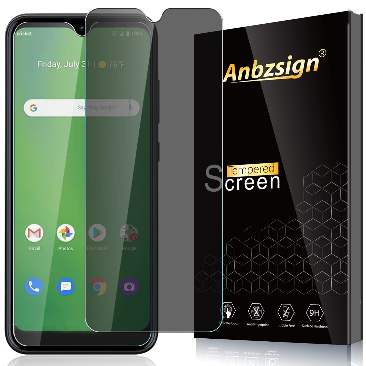 Anbzsign [2 Pack] Cricket Ovation/AT&T Radiant Max Privacy Screen Protector - Anti-Spy 9H Hardness Tempered Glass Shield for Enhanced Security - Perfect for Office, Banking & Personal Privacy Protection