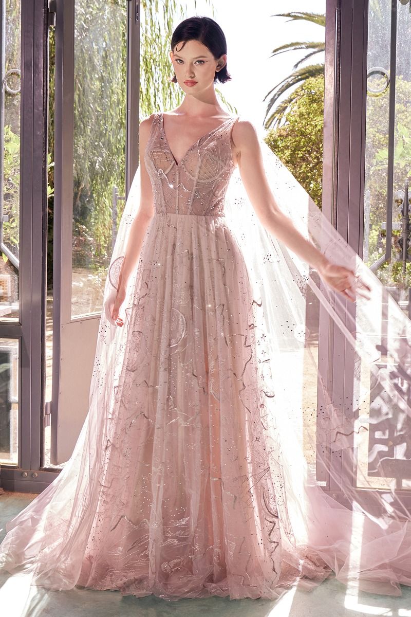 Elegant Sun Moon Stars Embroidered Evening Gown by Andrea & Leo Couture | A1459 | Perfect for Weddings, Galas & Formal Events