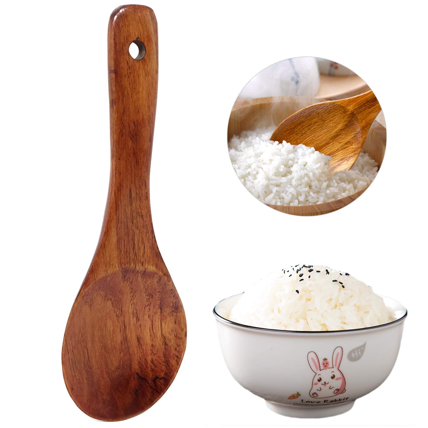 Honbay 2-Piece Wooden Rice Paddle Set - Natural Non-Stick Heat Resistant Cooking & Serving Spoons - Perfect for Rice, Stir-Fry & Kitchen Cooking Utensils