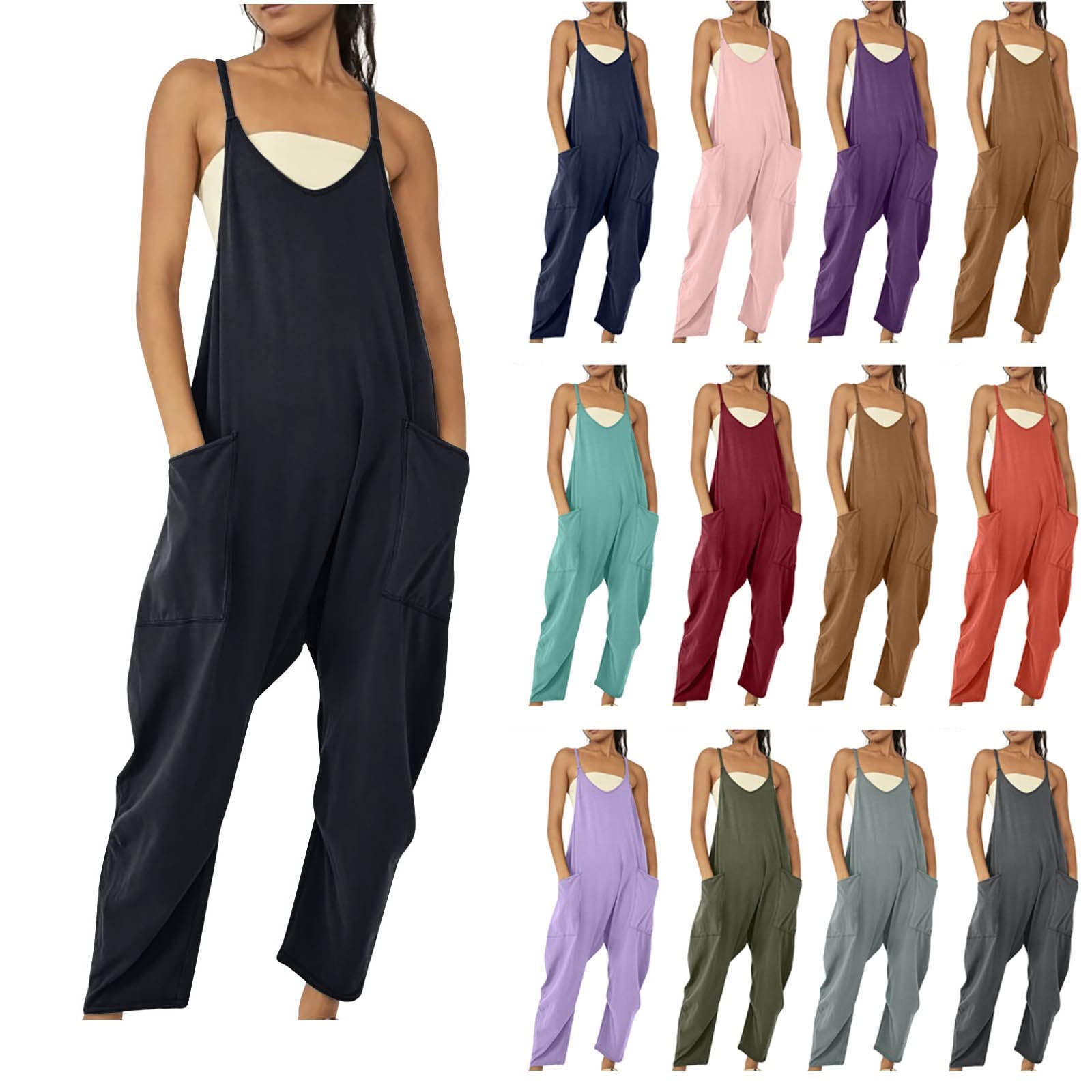 Women's Casual V-Neck Sleeveless Jumpsuit with Adjustable Spaghetti Straps & Pockets - Baggy Romper Overalls for Summer Outings, Beach Wear, and Everyday Comfort