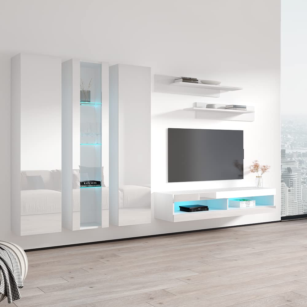 Modern White Wall-Mounted TV Stand with Storage Shelves & LED Lights - 34