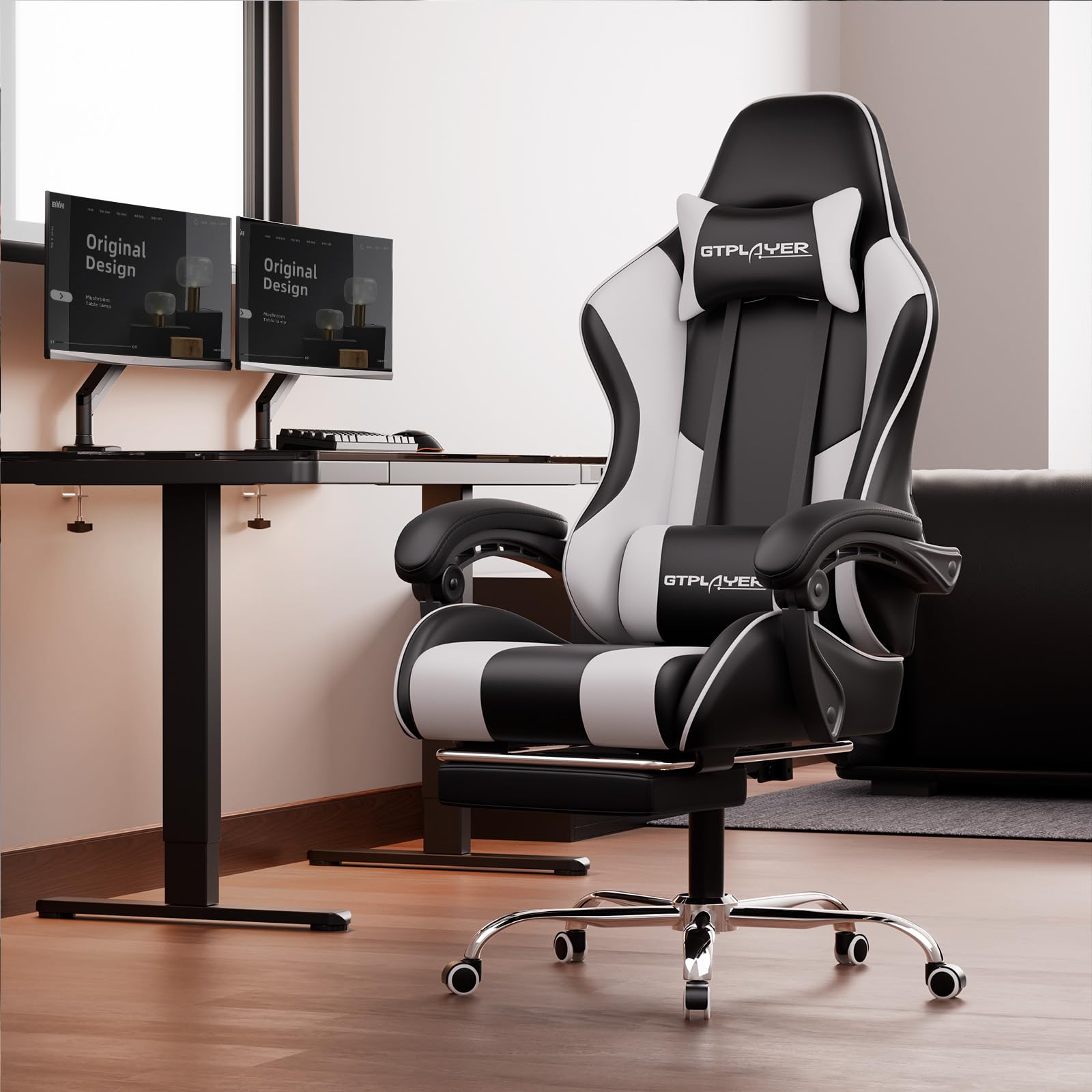 GTPLAYER Ergonomic Gaming Chair with Adjustable Lumbar Support & Footrest - 360° Swivel Office Computer Chair with Headrest for PC Gaming & Home Workspace (White) - Perfect for Esports, Streaming & Remote Work