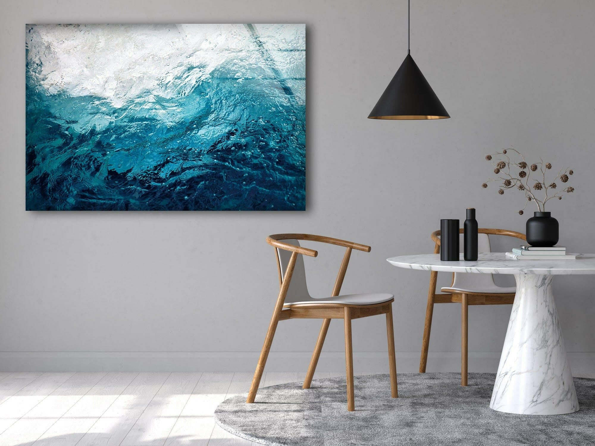 Blue Abstract Seawater Flow Glass Wall Art - Modern Ocean-Themed Home Decor for Living Room, Bedroom & Office