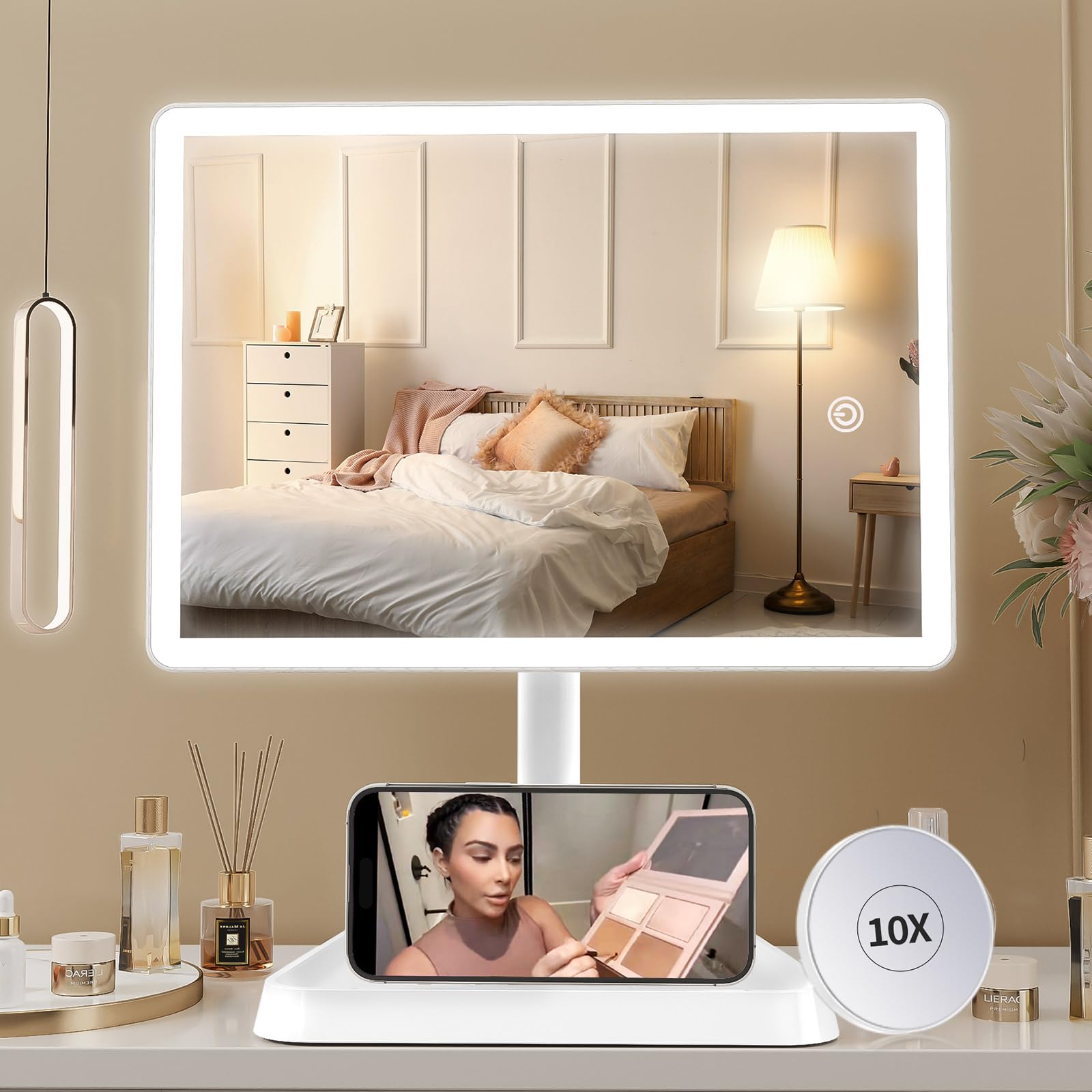 FUNTOUCH Rechargeable LED Makeup Mirror with 96 Lights & 10x Magnifier - 3 Color Lighting, Phone Holder - Perfect for Vanity, Dressing Table, and Professional Makeup Artists